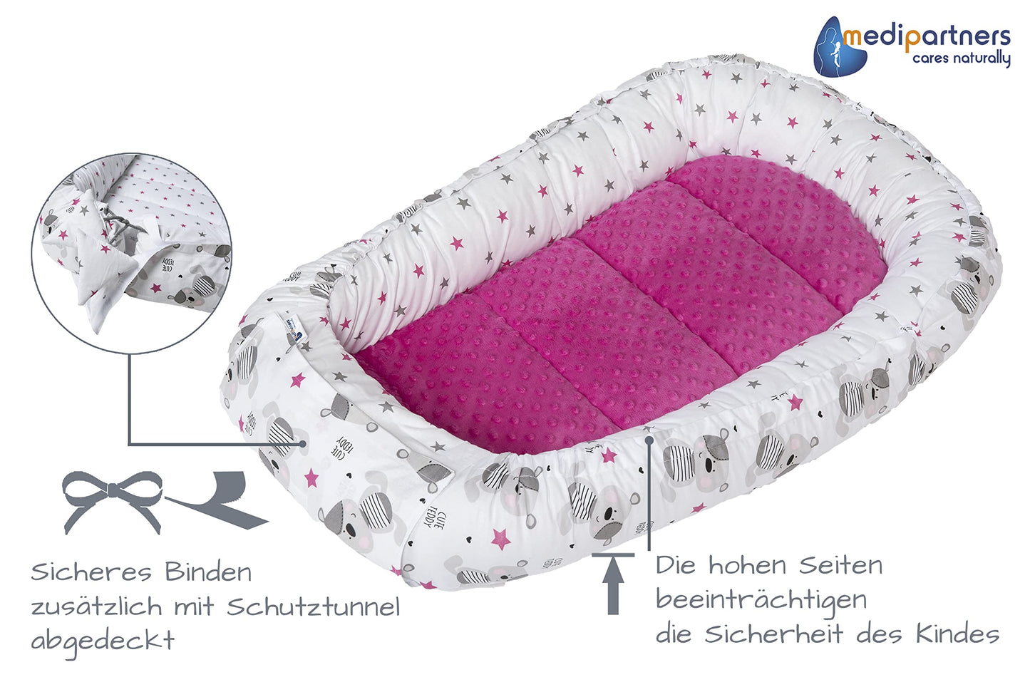 Medi Partners Babynest Nestchen Baby Set für Neugeborene - 100x60x15 Kuschelnest 5 teilig tragbar Nest zweiseitig Babynestchen Bett 100% Baumwolle (Lichtung mit grauem Minky)