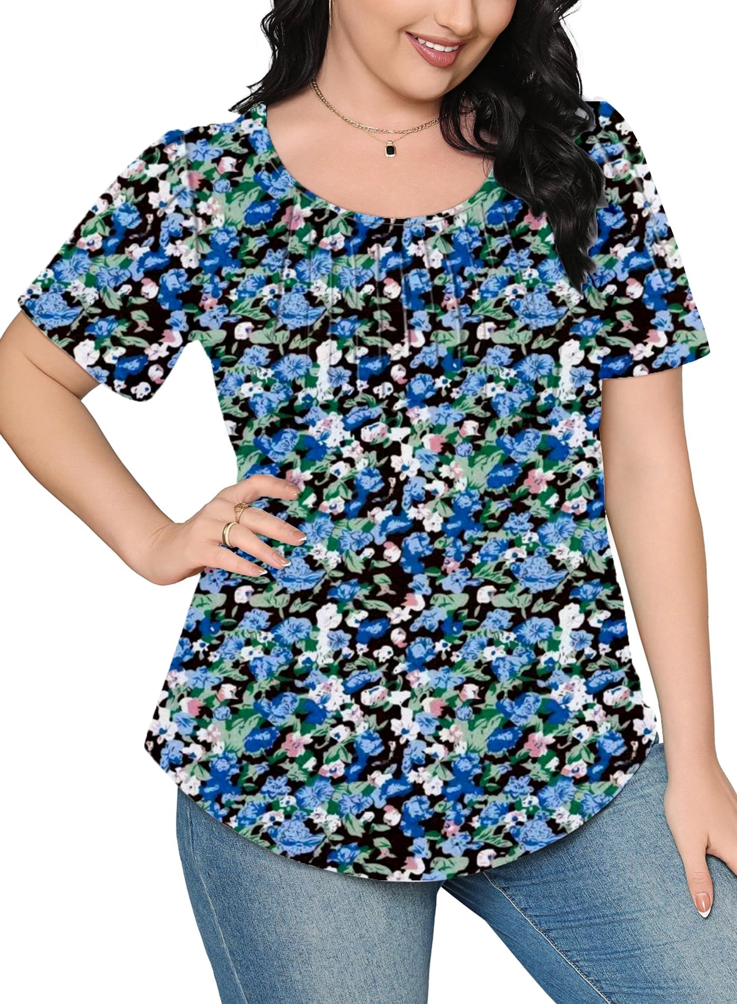 Cuptacc Tshirt Damen Rundhals Mit Falten Locker Puffärmel T-Shirt Elegant Kurzarm Geblümt/Einfarbig Top Damen