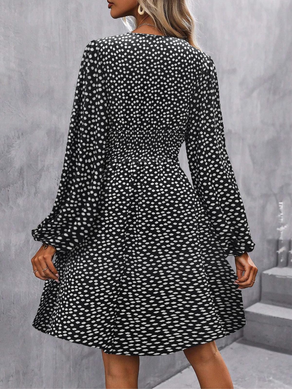 LIAMERHE Damen Elegant Kleid Langarm/Kurze Ärmel V-Ausschnitt Casual Kleider A-Linie Blumenmuster Minikleid Freizeitkleider Sommer Herbst Winter Laternenärmeln Kleid Partykleid