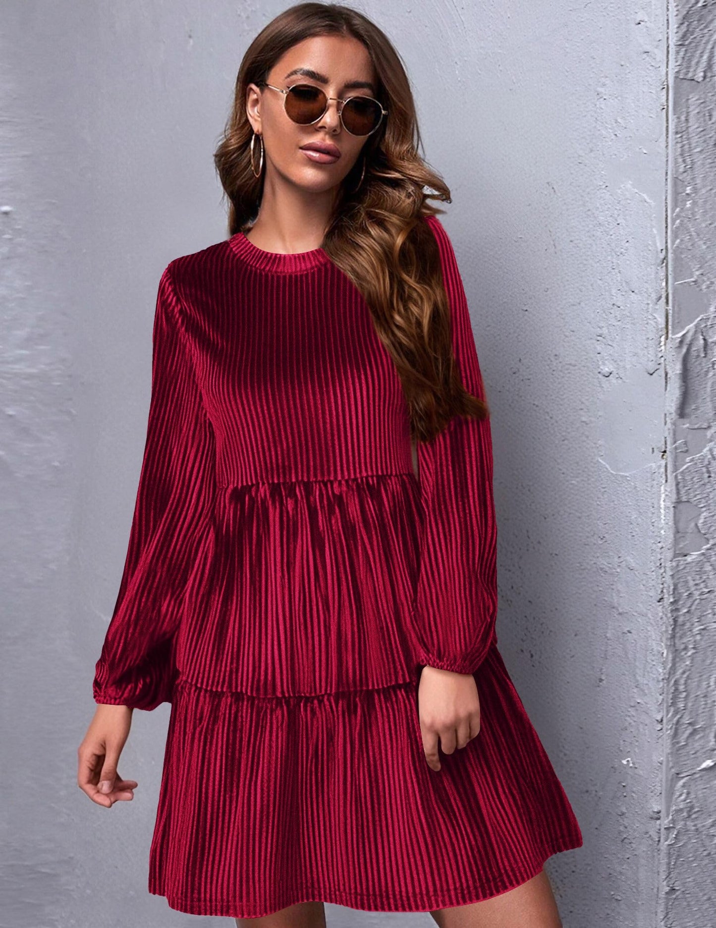 Zeagoo Damen Kleider Langarm Elegant Samtkleid Rundhals Rüschen A Linie Hohe Taille Freizeitkleider Winterkleid mit Taschen