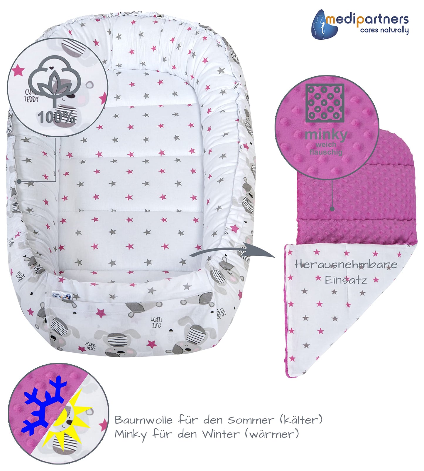Medi Partners Babynest Nestchen Baby Set für Neugeborene - 100x60x15 Kuschelnest 5 teilig tragbar Nest zweiseitig Babynestchen Bett 100% Baumwolle (Lichtung mit grauem Minky)