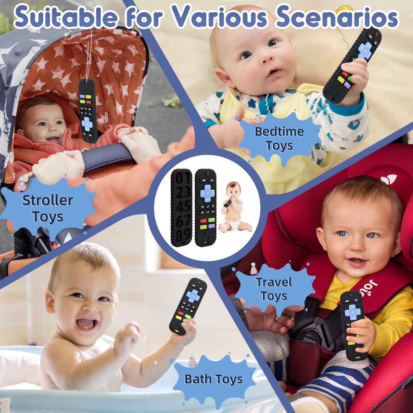 Zahnen Beißringe Spielzeug für Babys 0-6-12 Monate Geschenke, Fernbedienung Baby Zahnungshilfe für 3 6 9 Monate Kleinkind Autismus, Lebensmittelqualität Silikon Badespielzeug, Schwarz