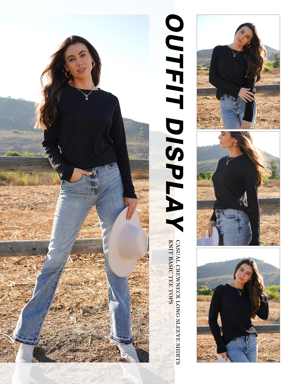 Dokotoo Langarmshirt Damen Rundhals Strickmuster T-Shirt Basic Longsleeve Shirts Herbst Winter Leichte Lässige Oberteile Tunika Pullover S-XXL