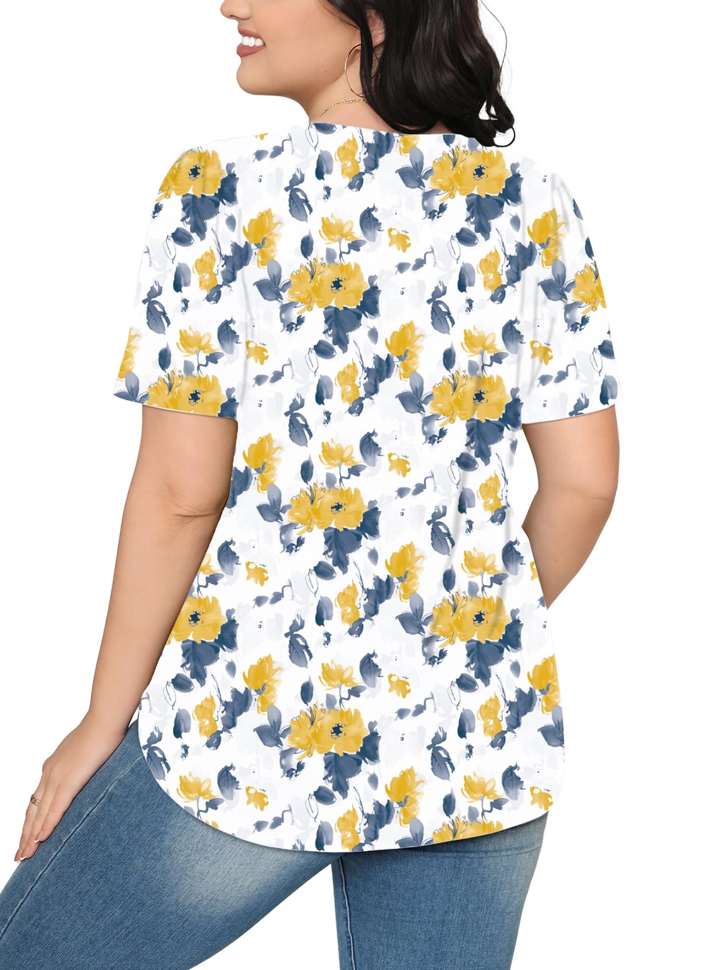 Cuptacc Tshirt Damen Rundhals Mit Falten Locker Puffärmel T-Shirt Elegant Kurzarm Geblümt/Einfarbig Top Damen