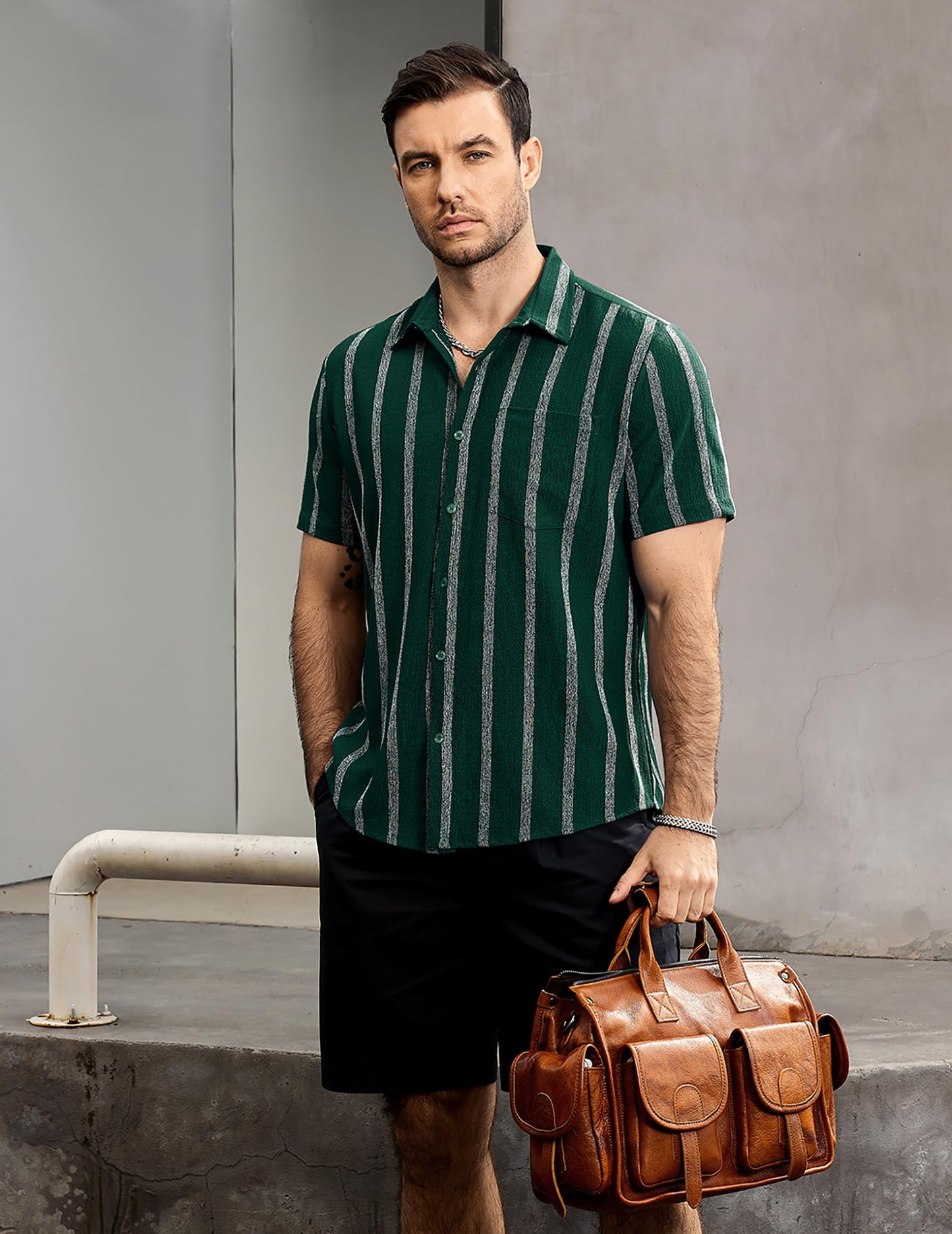 VATPAVE Herren Sommer Gestreifte Hemden Button Down Kurzarm Vintage Strand Hawaii Hemden mit Tasche
