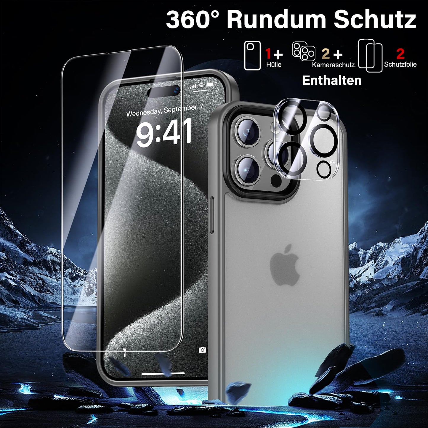 UniqueMe für iPhone 16 Pro Max Hülle - Handyhülle für iPhone 16 Pro Max Case, 5 in 1 Set Rundumschutz Schutzhülle Cover,1 Handyhülle & 2 Schutzfolie & 2 Kameraschutz - Transparent