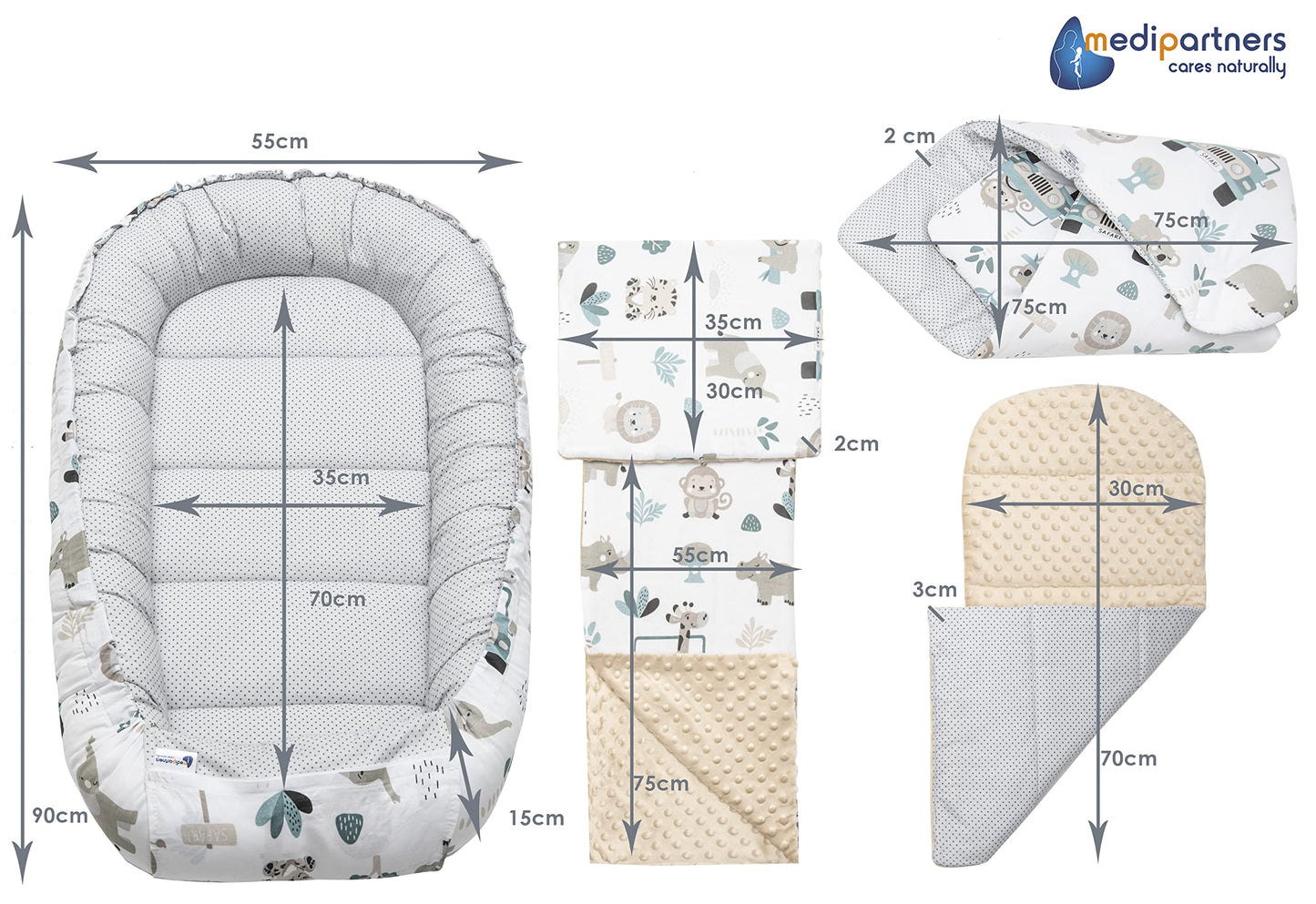 Medi Partners Babynest Nestchen Baby Set für Neugeborene - 100x60x15 Kuschelnest 5 teilig tragbar Nest zweiseitig Babynestchen Bett 100% Baumwolle (Lichtung mit grauem Minky)
