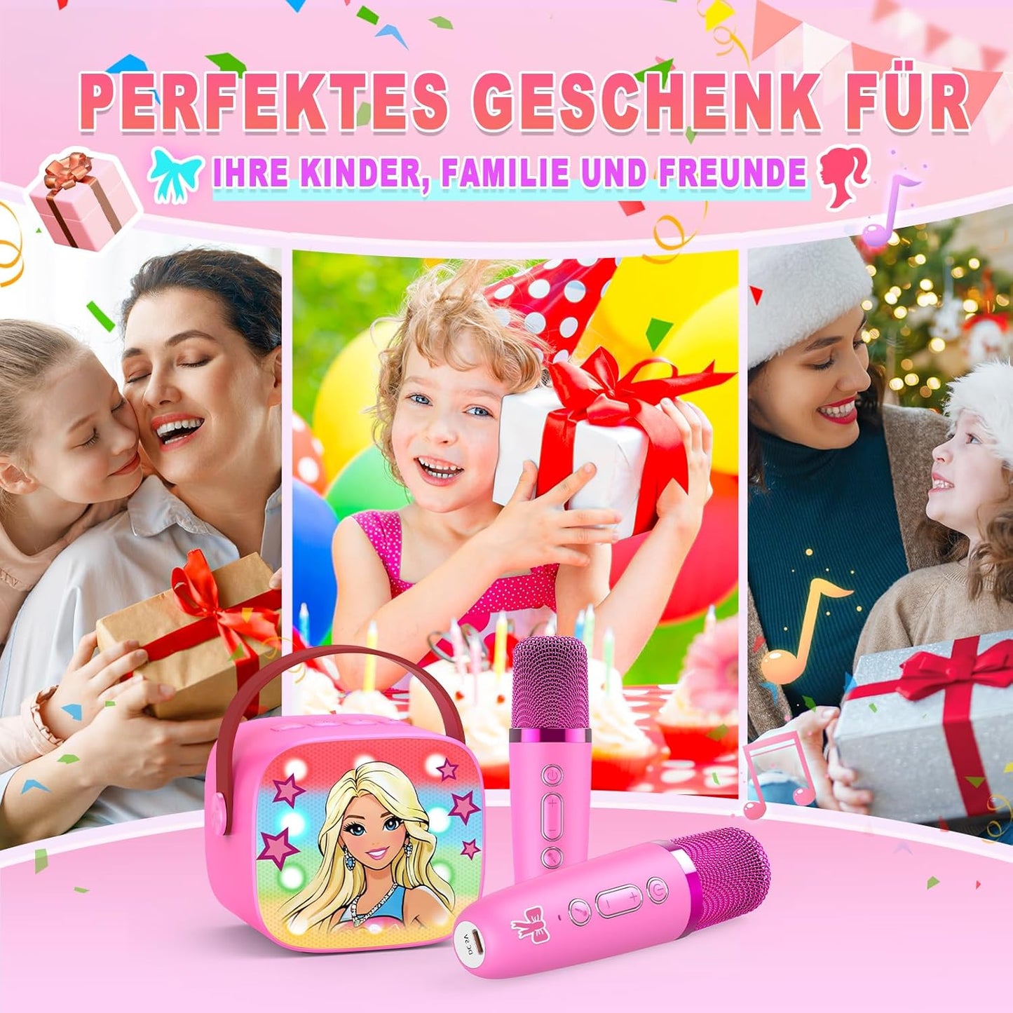 Karaoke Machine with 2 Bluetooth Microphones, Children's Unicorn Christmas Gifts Toy for Girls 3-12 Years, Portable Karaoke Microphone Set with DSP and LED Lights