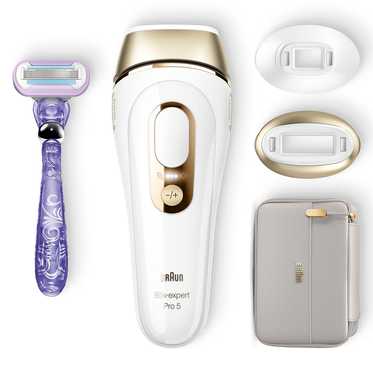 Braun IPL Silk Expert Pro 5 Haarentfernungsgerät Damen, sichtbare Haarentfernung, Designed In Germany, Venus Rasierer, 3 Aufsätze, Alternative zu Laser Haarentfernung, PL5262, weiß/gold