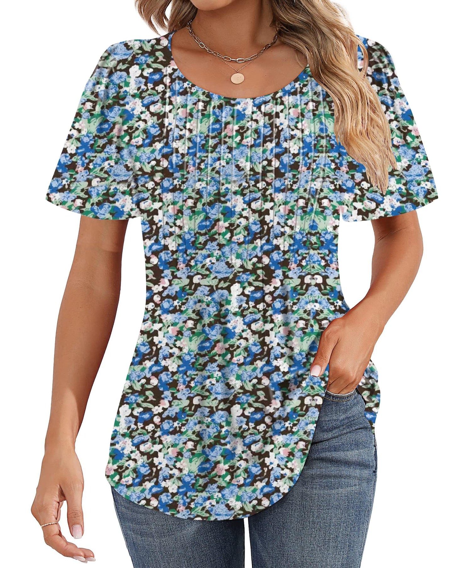Cuptacc Tshirt Damen Rundhals Mit Falten Locker Puffärmel T-Shirt Elegant Kurzarm Geblümt/Einfarbig Top Damen
