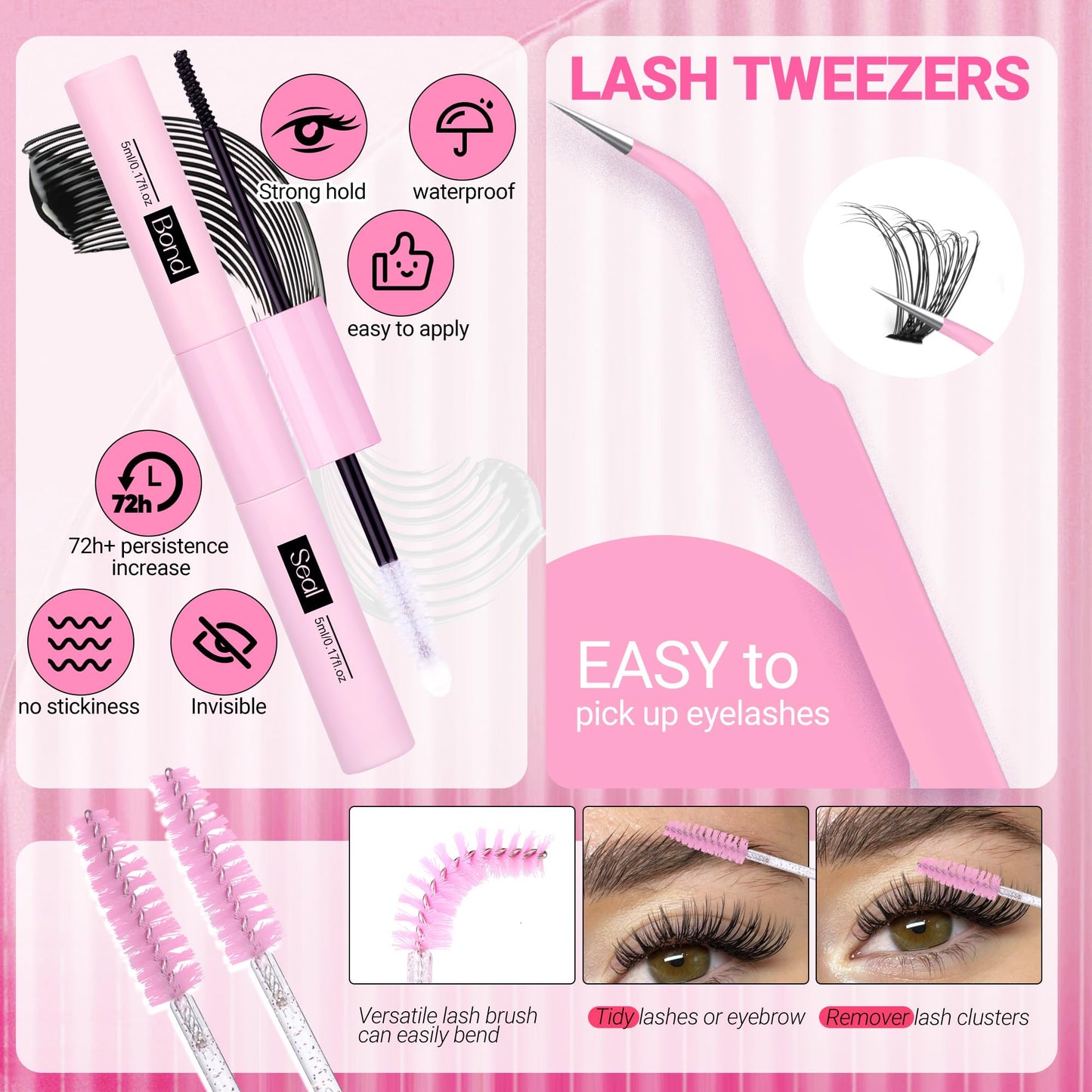 Wimpern Extensions Set Künstliche Wimpern Natürliche DIY Wimpernverlängerung Cluster Wimpern 16MM Individuelle Lashes Kit 40D Nerz Wimpern Fluffy mit Lash Bond und Seal Lash Tweezers