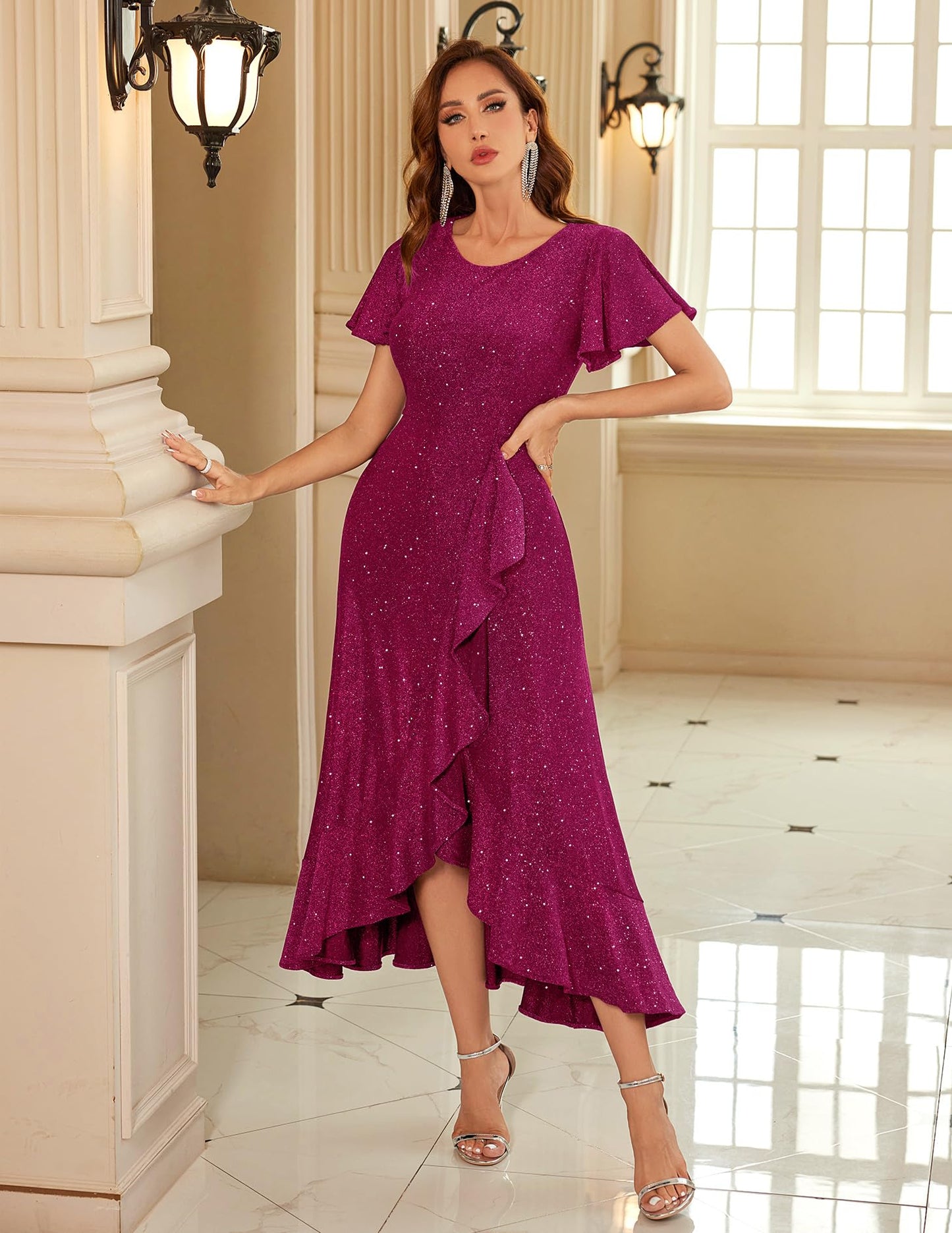 Berylove Damen Abendkleid Lang Glitzer Ballkleid mit Rüschen Saum Kleid Festliche Kleider für Hochzeit Partykleid