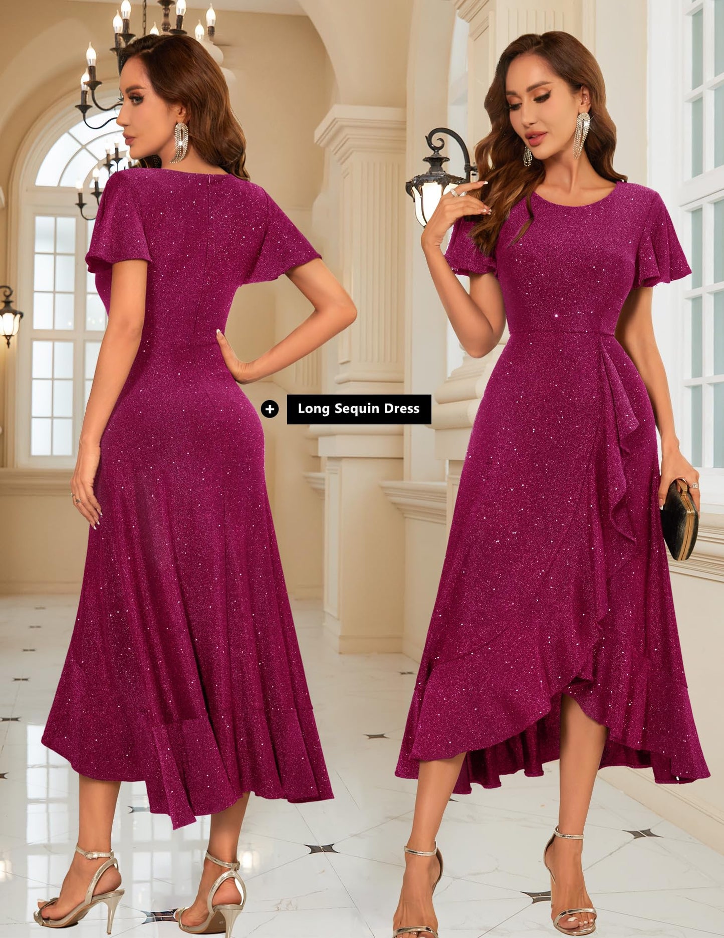 Berylove Damen Abendkleid Lang Glitzer Ballkleid mit Rüschen Saum Kleid Festliche Kleider für Hochzeit Partykleid