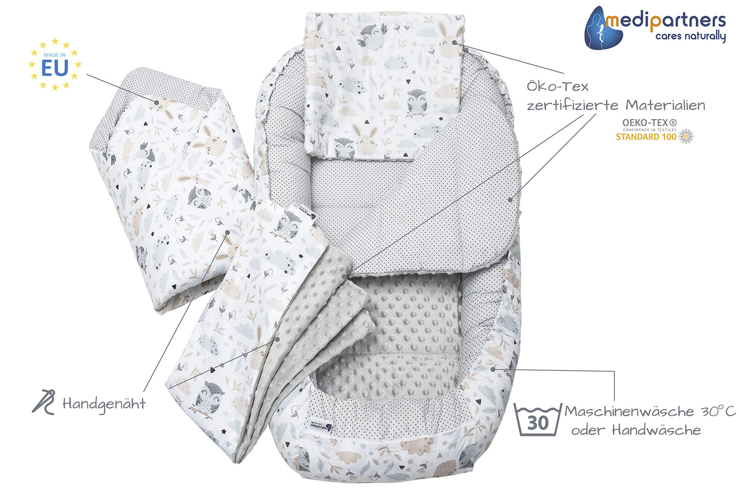 Medi Partners Babynest Nestchen Baby Set für Neugeborene - 100x60x15 Kuschelnest 5 teilig tragbar Nest zweiseitig Babynestchen Bett 100% Baumwolle (Lichtung mit grauem Minky)