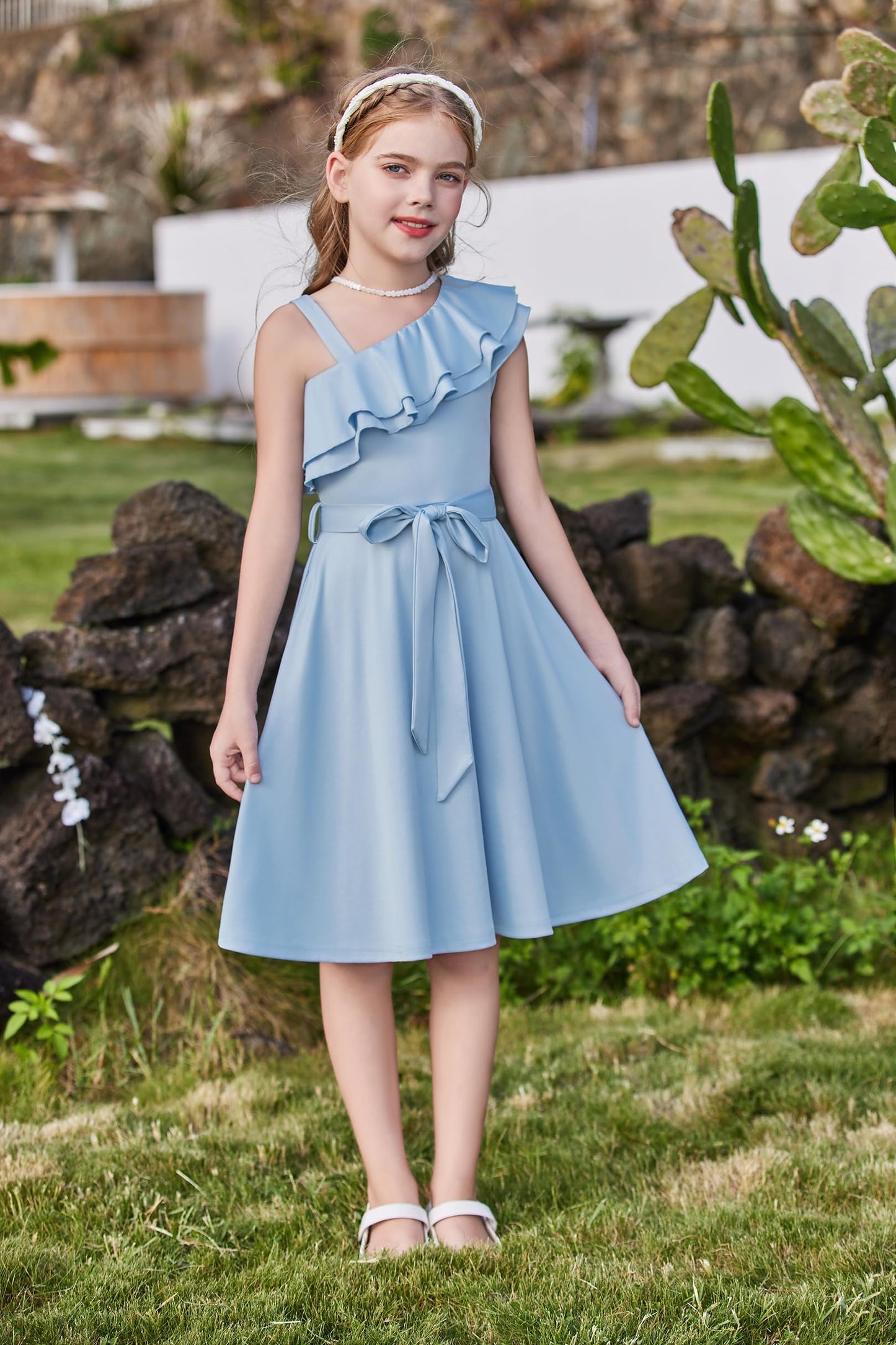 Arshiner Mädchen Kleider Eine-Schulter Kinderkleider Sommer Festliches Kleid Rüschenkragen Elegant Partykleider Swingkleid mit Gürtel ärmelloses Kleid für Mädchen 5-13 Jahre