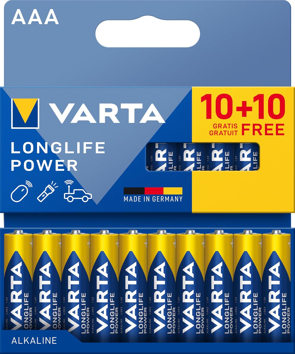 VARTA Batterien AAA, 20 Stück, Longlife Power, Alkaline, 1,5V, ideal für Spielzeug, Funkmaus, Taschenlampen, plastikfreie Verpackung, Made in Germany