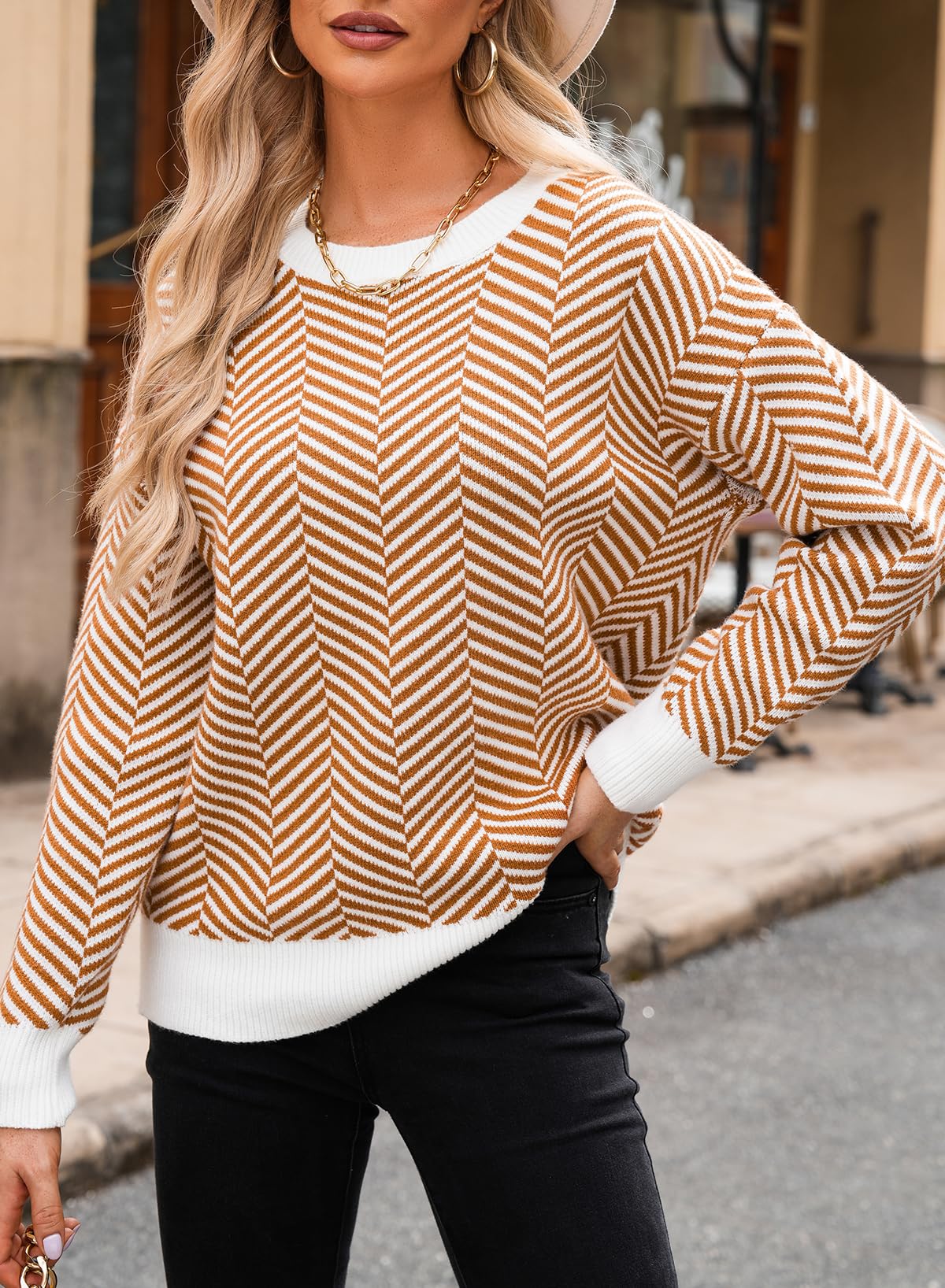Dokotoo Damen Pullover Elegant Rundhals Gestreifter Strickpullover Warm Herbst Winterpullover Pulli Sweater S-XXL