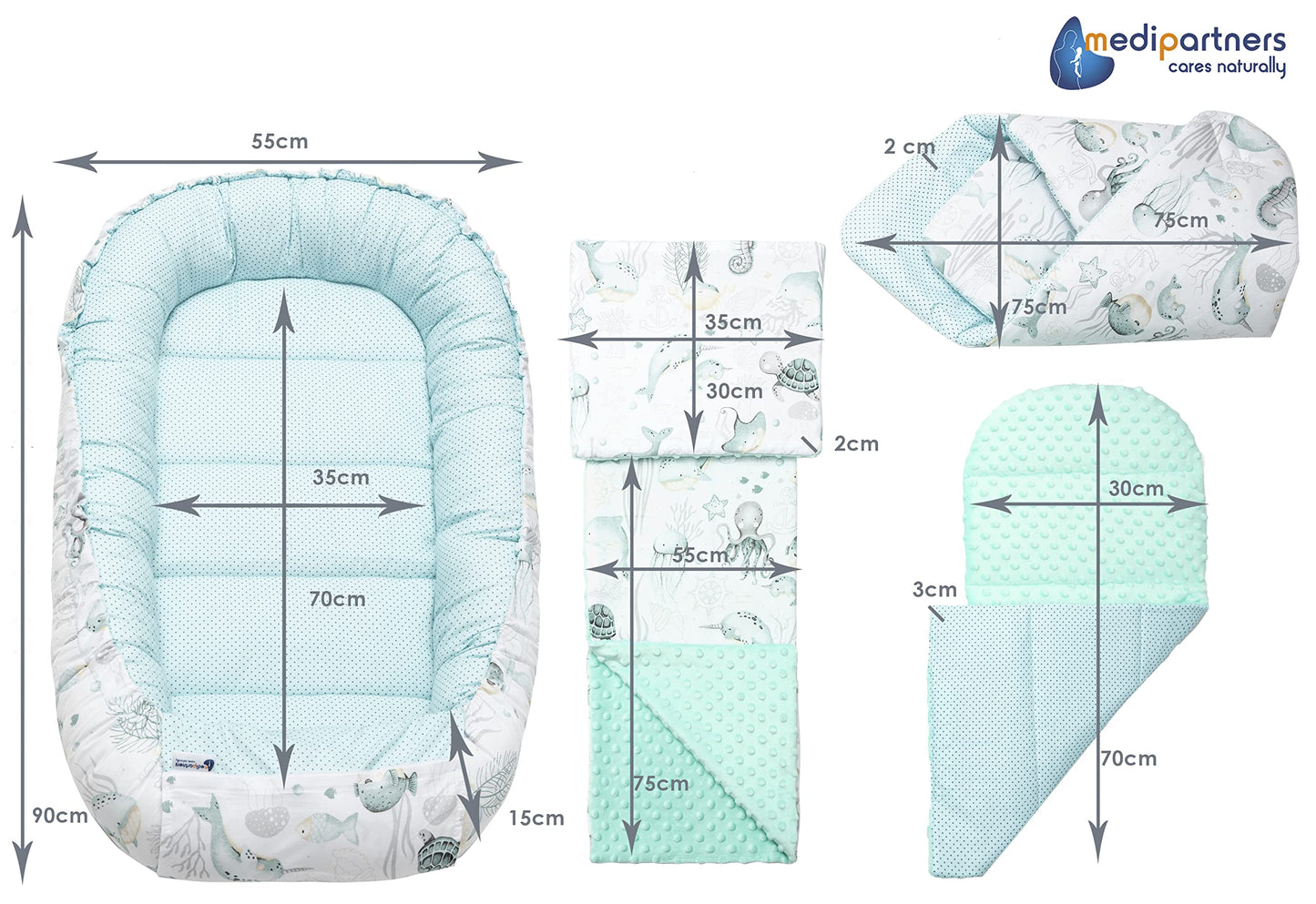 Medi Partners Babynest Nestchen Baby Set für Neugeborene - 100x60x15 Kuschelnest 5 teilig tragbar Nest zweiseitig Babynestchen Bett 100% Baumwolle (Lichtung mit grauem Minky)