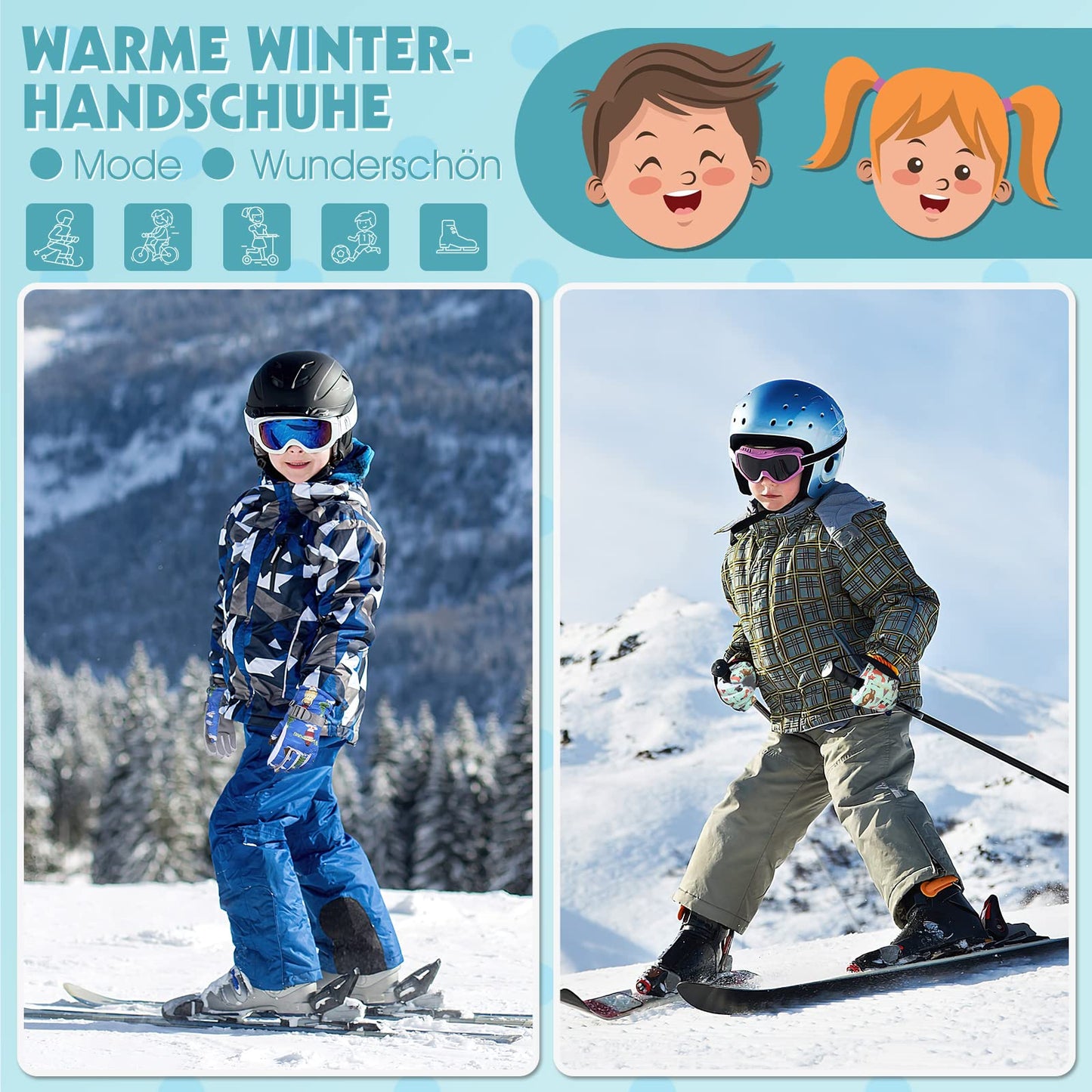 WESTGIRL Children’s Winter Gloves, Windproof, Warm Ski Gloves, Thermal Fleece, Water-Repellent Cartoon Snow Gloves, Outdoor Gloves for Snowboarding, Cycling, for Boys and Girls Aged 3–12 Years