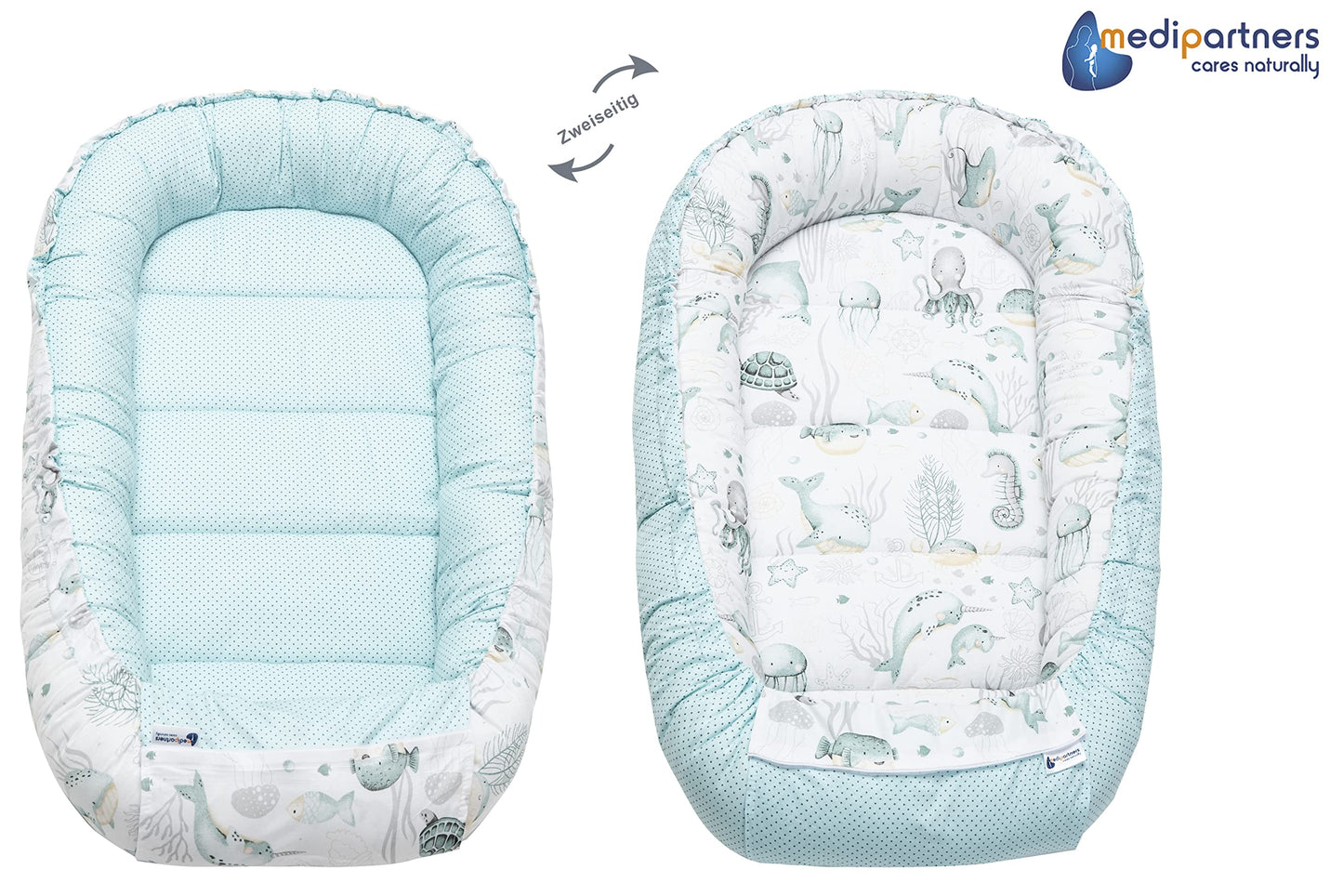 Medi Partners Babynest Nestchen Baby Set für Neugeborene - 100x60x15 Kuschelnest 5 teilig tragbar Nest zweiseitig Babynestchen Bett 100% Baumwolle (Lichtung mit grauem Minky)