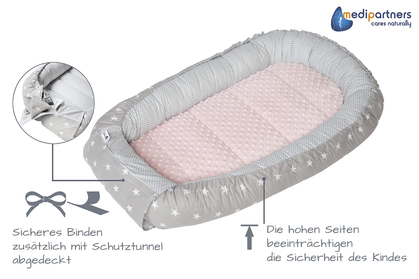 Medi Partners Babynest Nestchen Baby Set für Neugeborene - 100x60x15 Kuschelnest 5 teilig tragbar Nest zweiseitig Babynestchen Bett 100% Baumwolle (Lichtung mit grauem Minky)