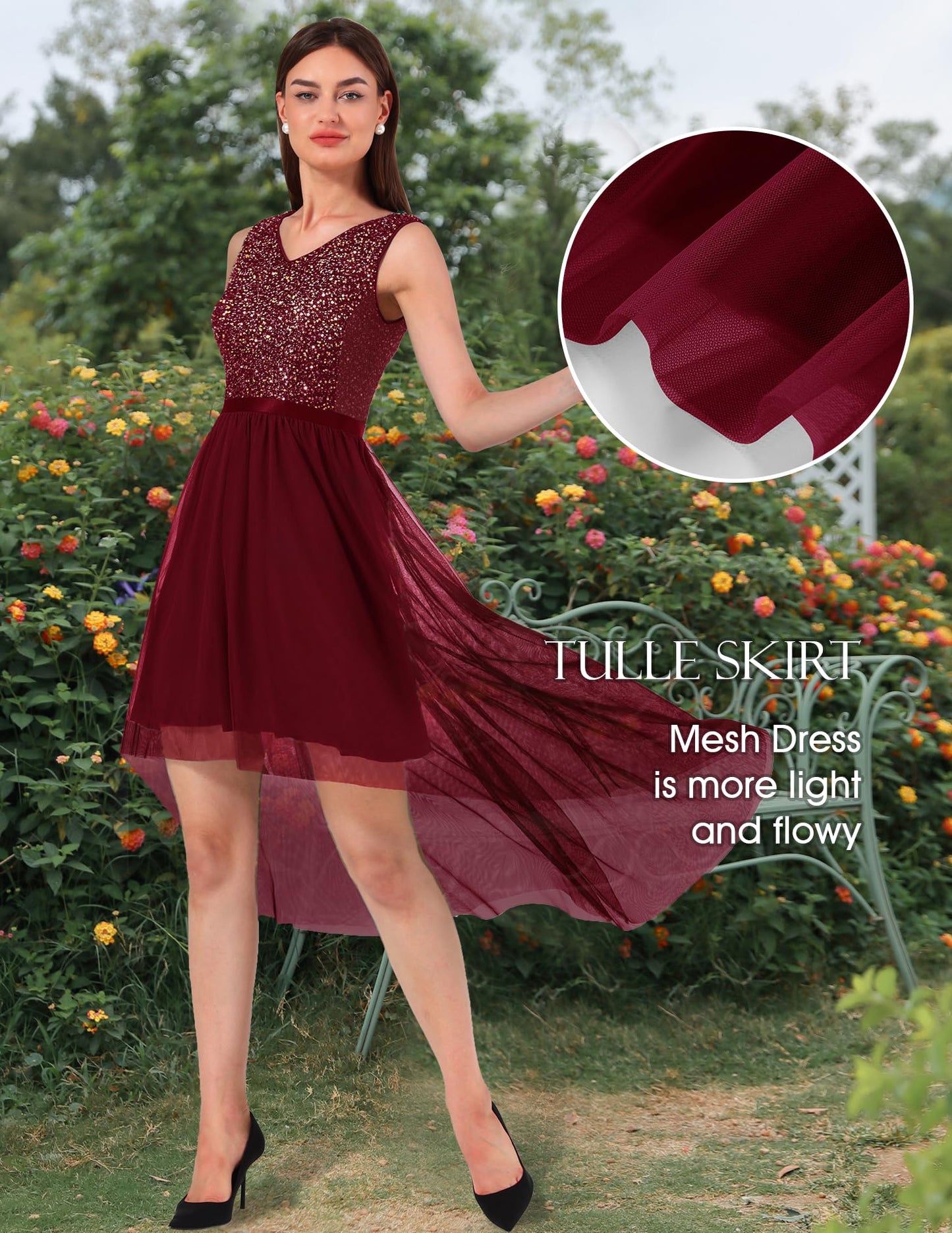 Berylove Kleid Festlich Damen Abendkleid mit Pailletten Cocktailkleid Ballkleid Lang Glitzer V Ausschnitt Ärmellos Tüllkleid