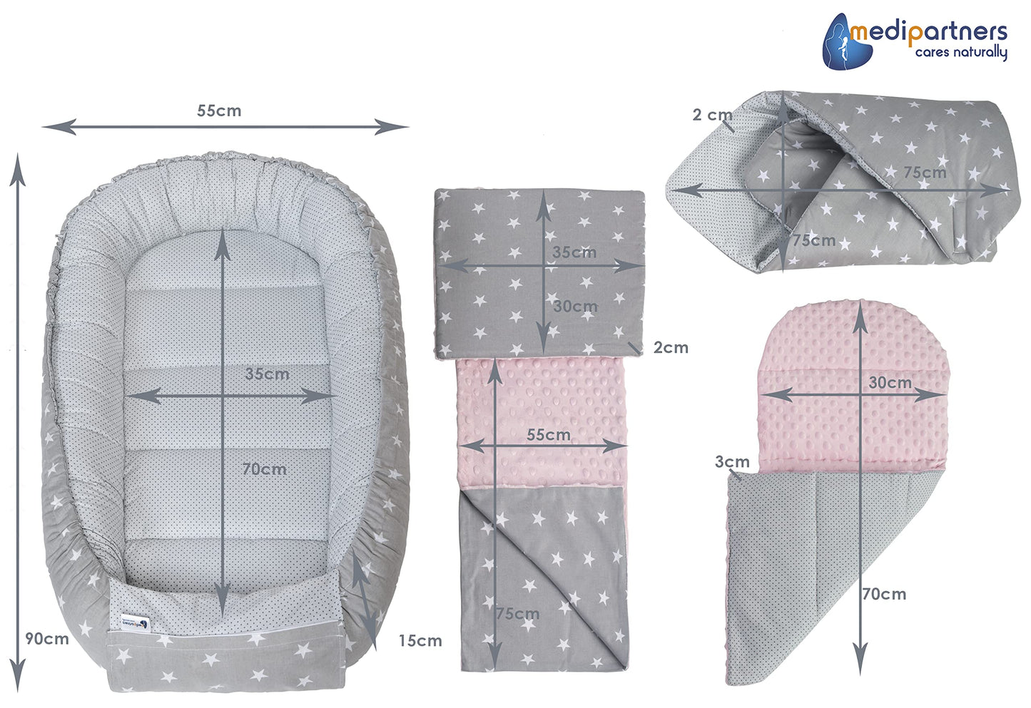 Medi Partners Babynest Nestchen Baby Set für Neugeborene - 100x60x15 Kuschelnest 5 teilig tragbar Nest zweiseitig Babynestchen Bett 100% Baumwolle (Lichtung mit grauem Minky)