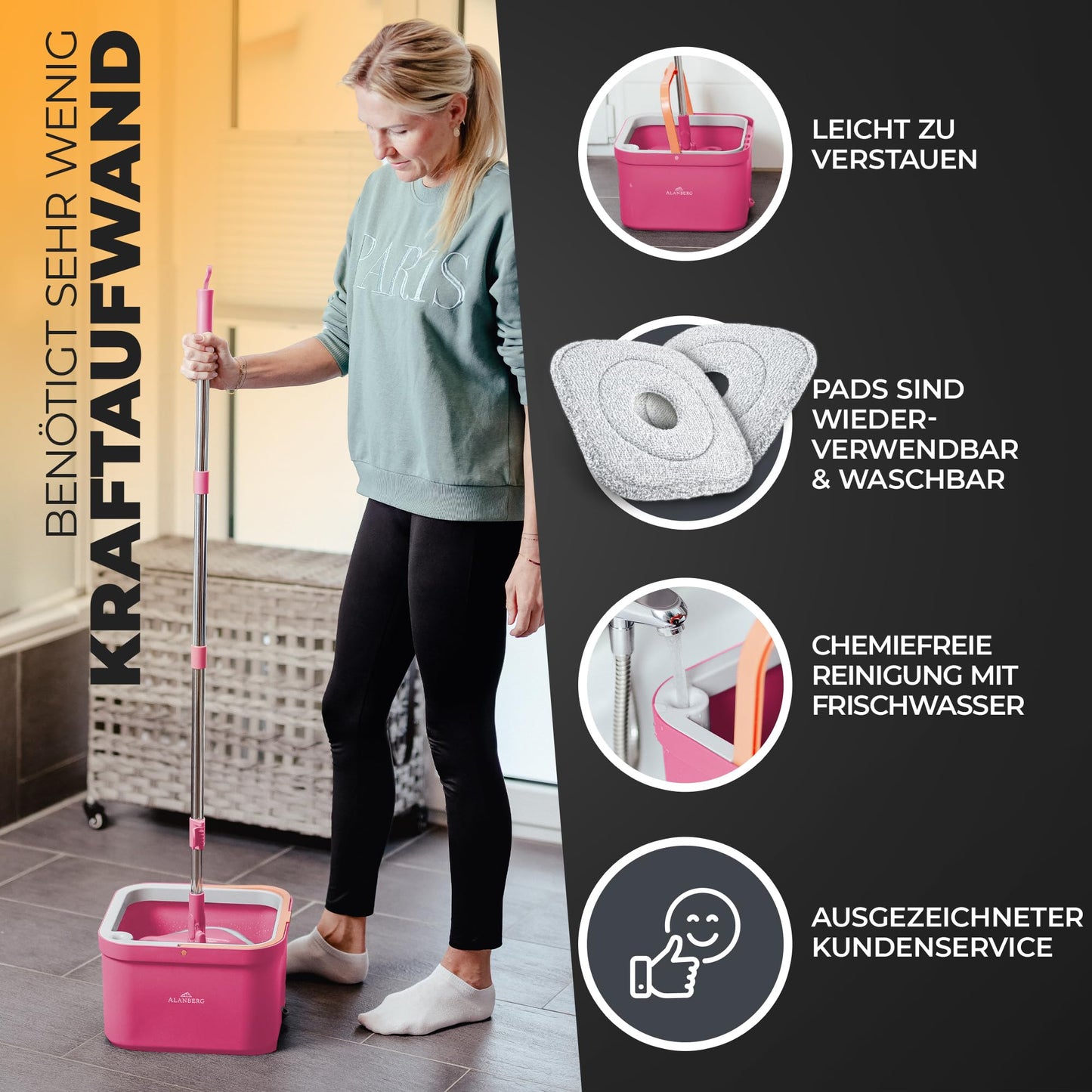 ALANBERG® Wischmopp Set mit Eimer – Zwei-Kammer-System – Trennung von Schmutz und Frischwasser – Bodenwischer für alle Bodentypen, Selbstauswringend, Mikrofaser Wischpads – Grau