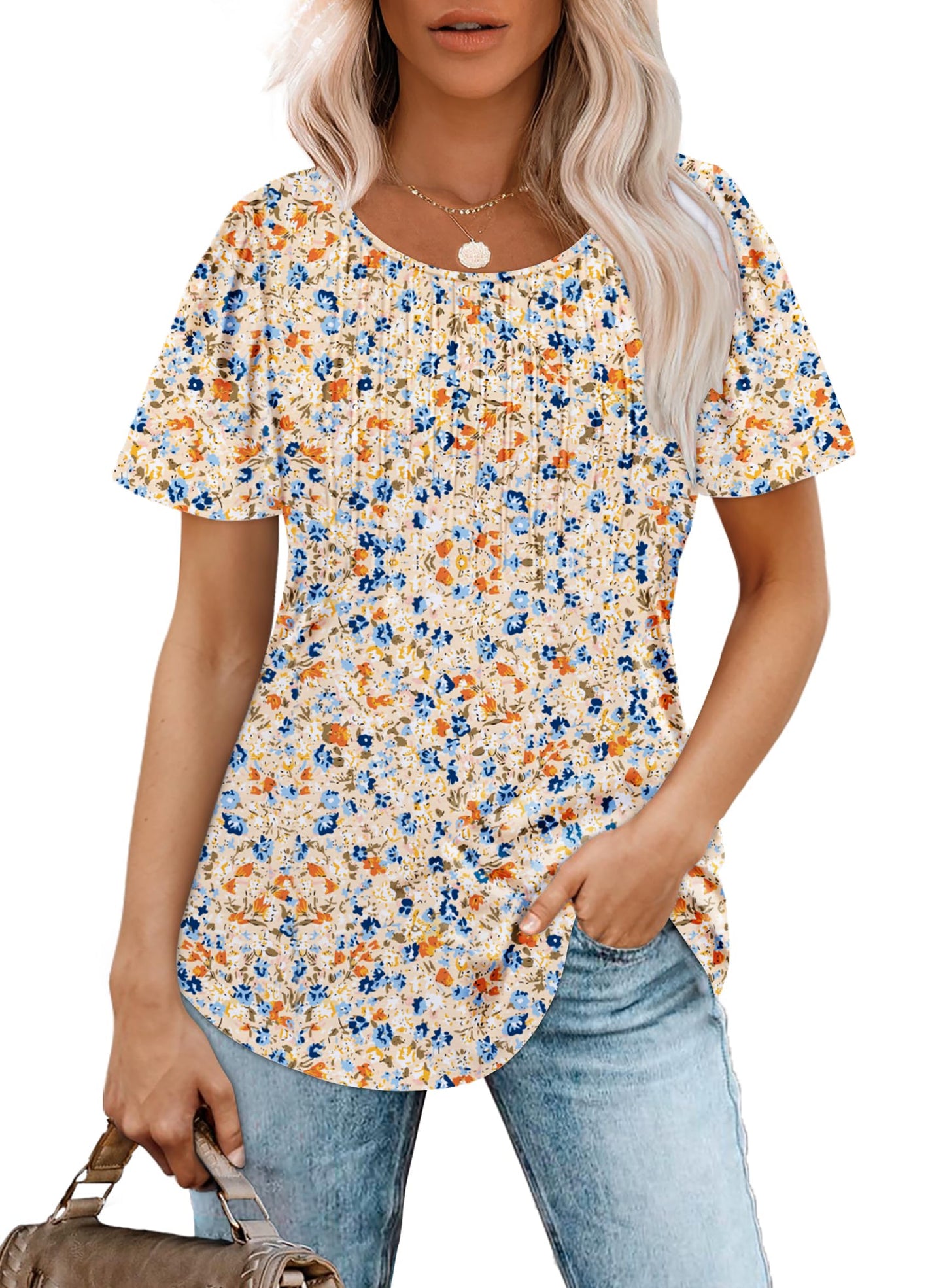 Cuptacc Tshirt Damen Rundhals Mit Falten Locker Puffärmel T-Shirt Elegant Kurzarm Geblümt/Einfarbig Top Damen