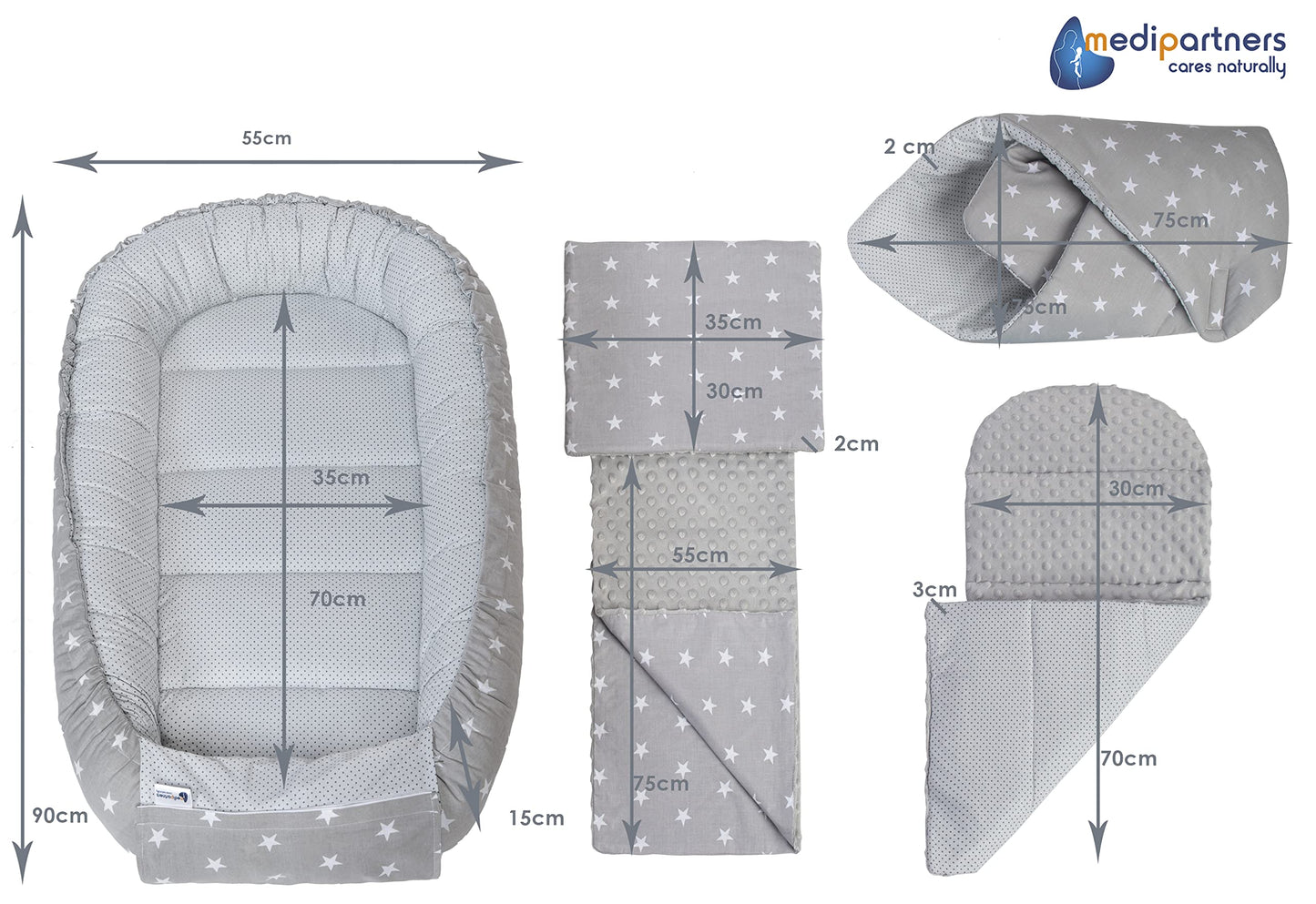 Medi Partners Babynest Nestchen Baby Set für Neugeborene - 100x60x15 Kuschelnest 5 teilig tragbar Nest zweiseitig Babynestchen Bett 100% Baumwolle (Lichtung mit grauem Minky)