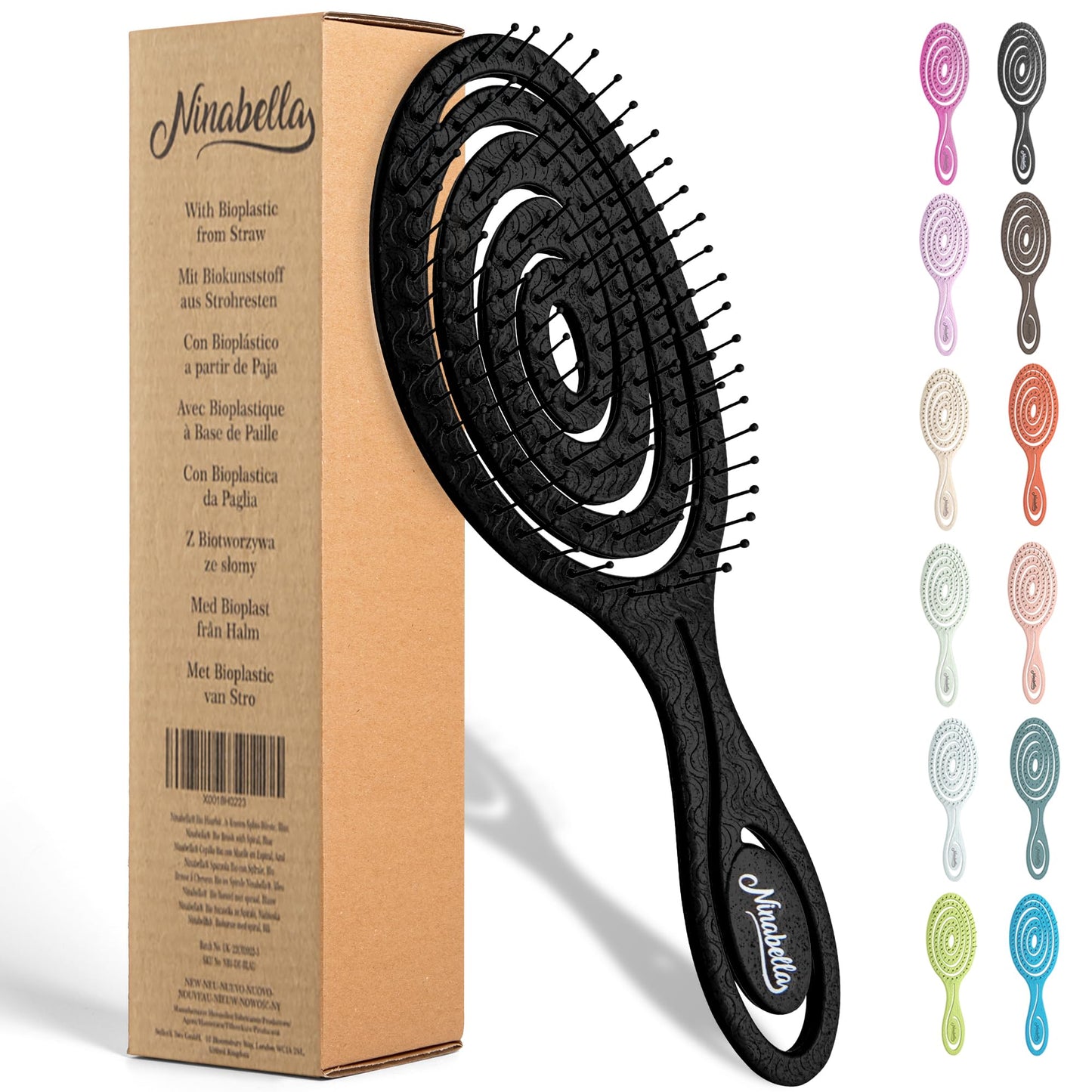 Ninabella Haarbürste ohne Ziepen für Damen, Herren & Kinder - Entwirrbürste auch für Locken & Lange Haare - Einzigartige Profi Detangler-Bürste mit Spiralfeder - Schwarz