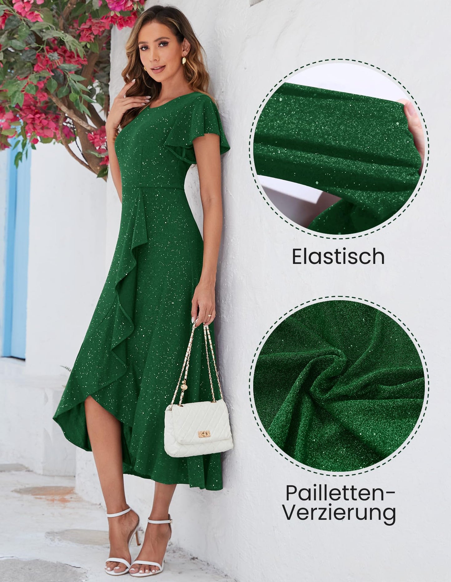 Berylove Damen Abendkleid Lang Glitzer Ballkleid mit Rüschen Saum Kleid Festliche Kleider für Hochzeit Partykleid