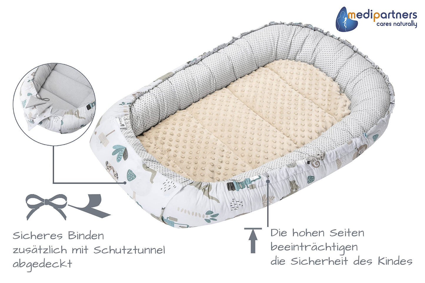 Medi Partners Babynest Nestchen Baby Set für Neugeborene - 100x60x15 Kuschelnest 5 teilig tragbar Nest zweiseitig Babynestchen Bett 100% Baumwolle (Lichtung mit grauem Minky)