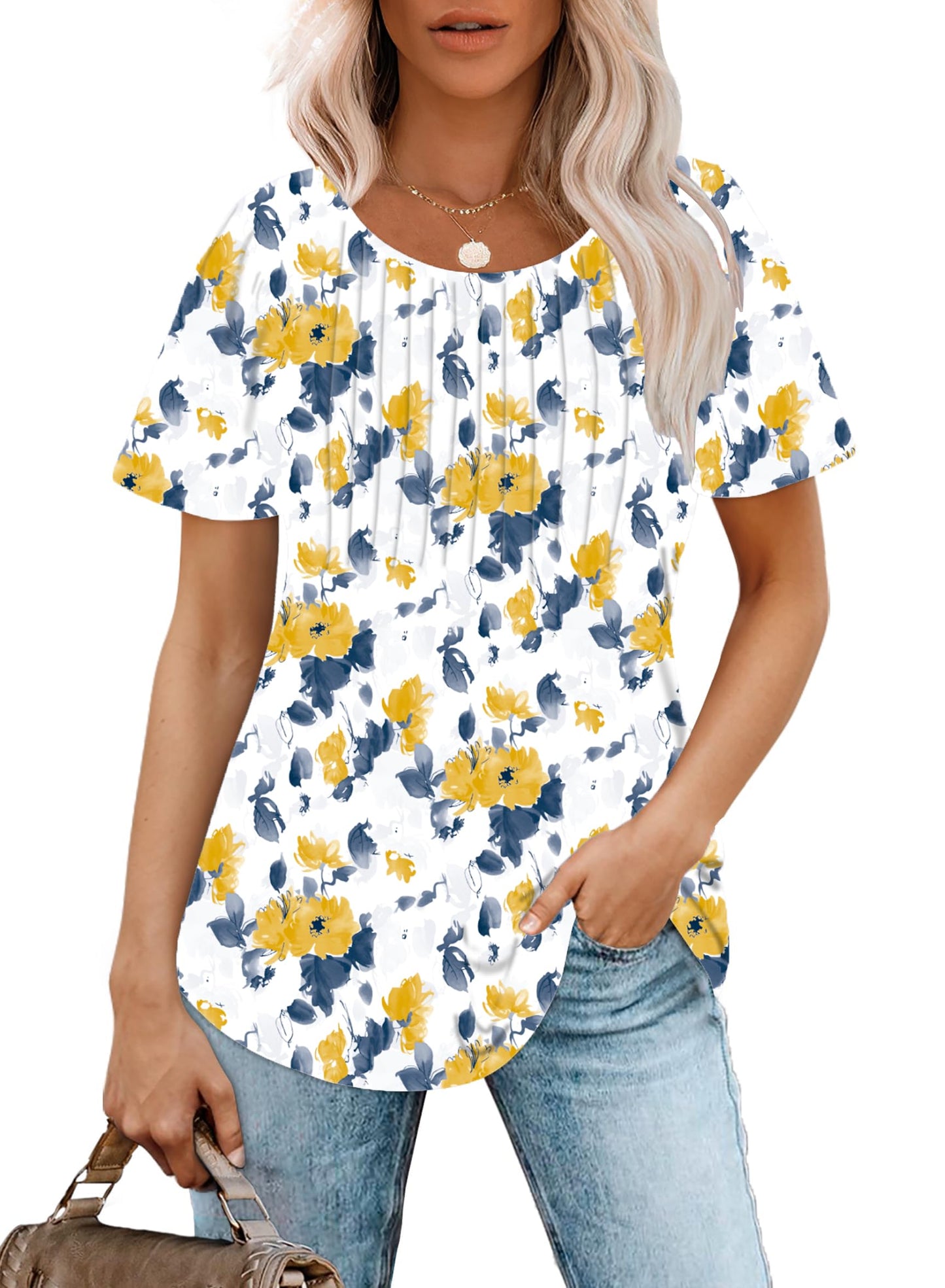 Cuptacc Tshirt Damen Rundhals Mit Falten Locker Puffärmel T-Shirt Elegant Kurzarm Geblümt/Einfarbig Top Damen