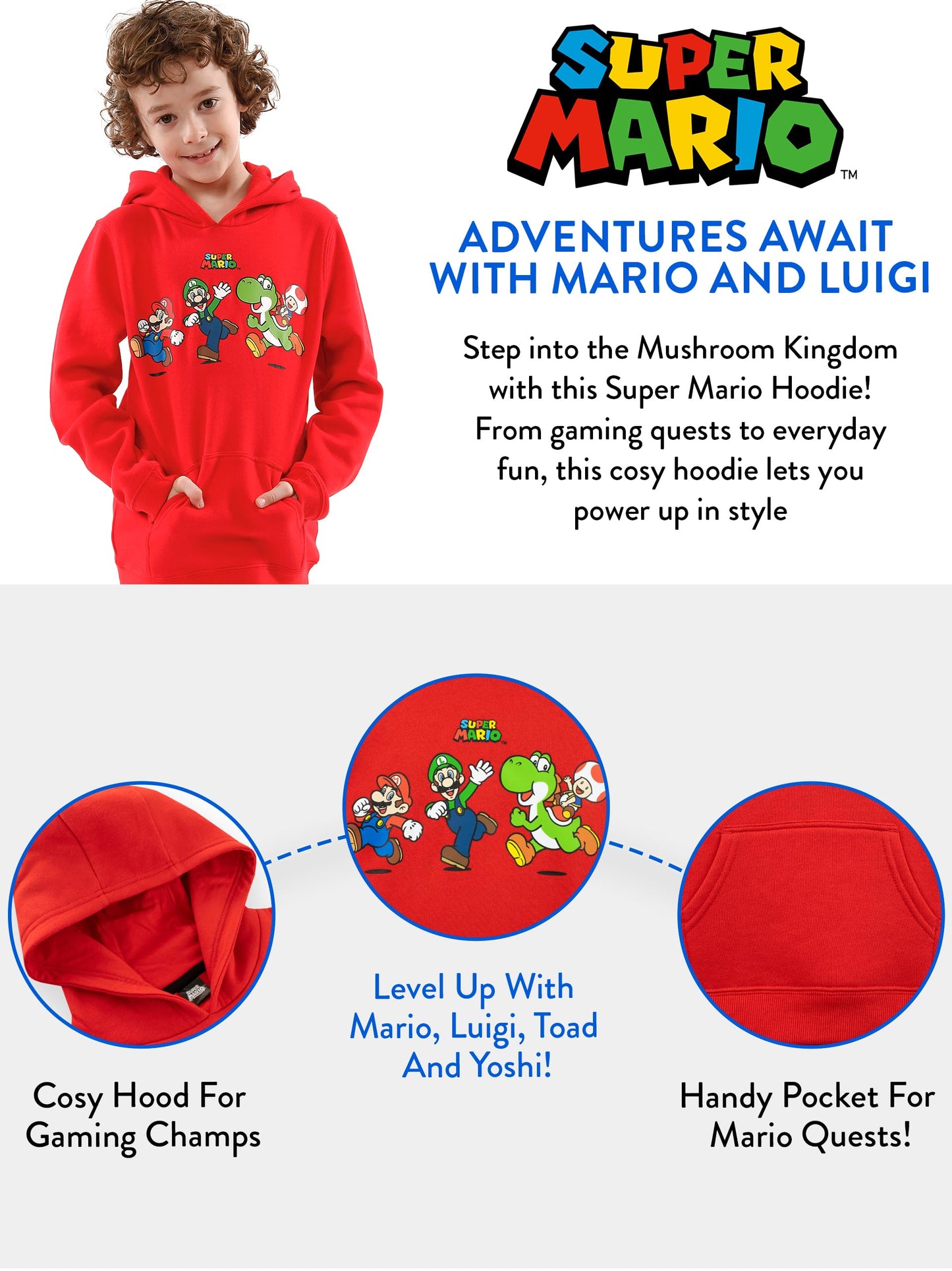 SUPER MARIO BROS Pullover | Mario und Luigi Pullover Jungen | Yoshi Hoodie Kinder Jungen | Luigi Hoodie Jungen | Offizielle Mario Merchandise