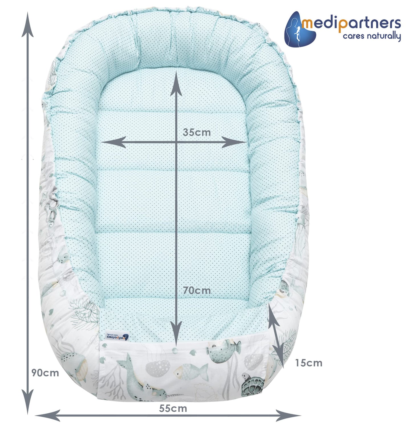 Medi Partners Babynest Nestchen Baby Set für Neugeborene - 100x60x15 Kuschelnest 5 teilig tragbar Nest zweiseitig Babynestchen Bett 100% Baumwolle (Lichtung mit grauem Minky)