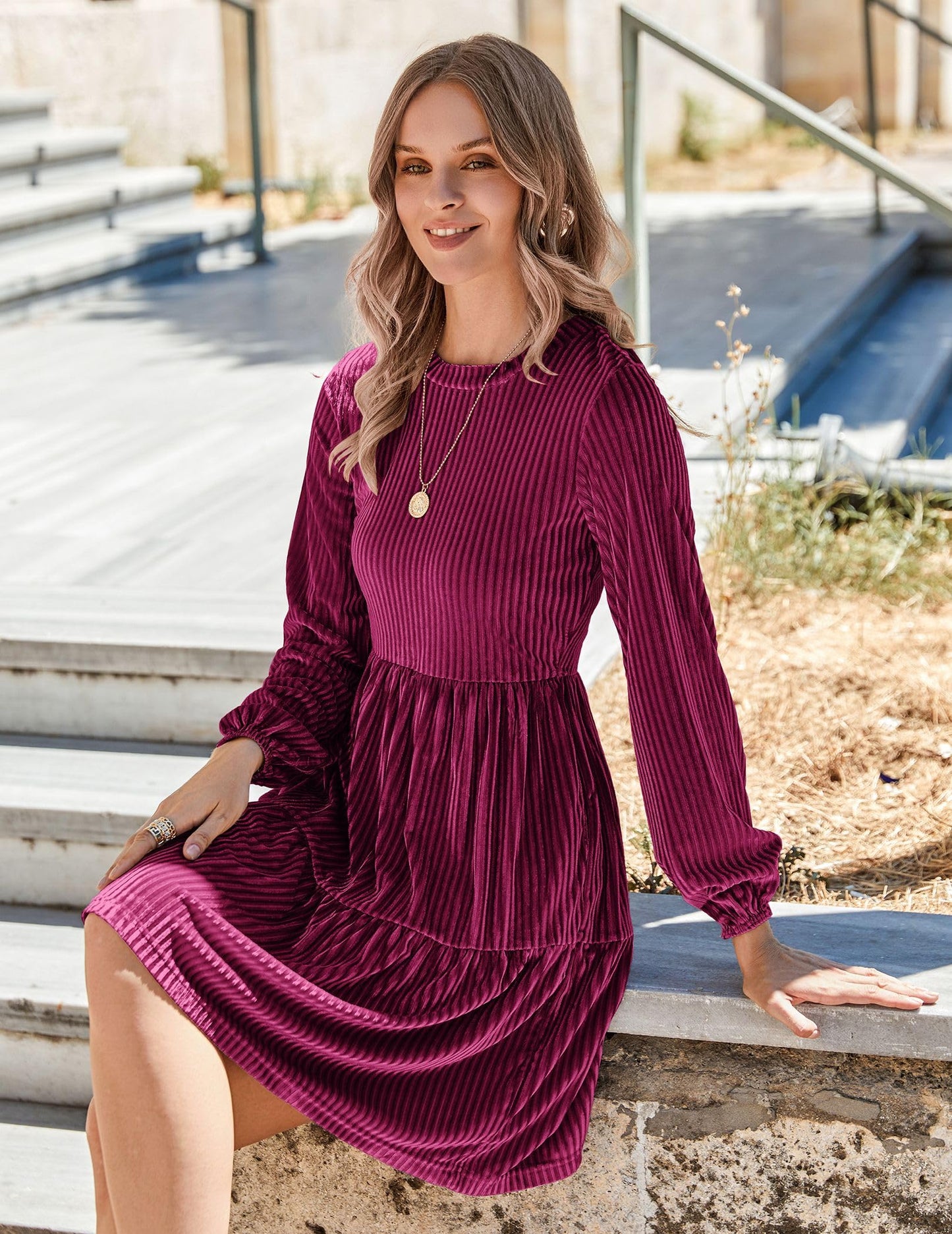 Zeagoo Damen Kleider Langarm Elegant Samtkleid Rundhals Rüschen A Linie Hohe Taille Freizeitkleider Winterkleid mit Taschen