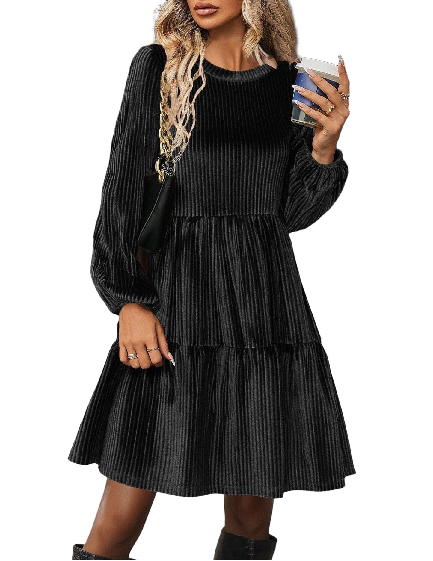 Zeagoo Damen Kleider Langarm Elegant Samtkleid Rundhals Rüschen A Linie Hohe Taille Freizeitkleider Winterkleid mit Taschen