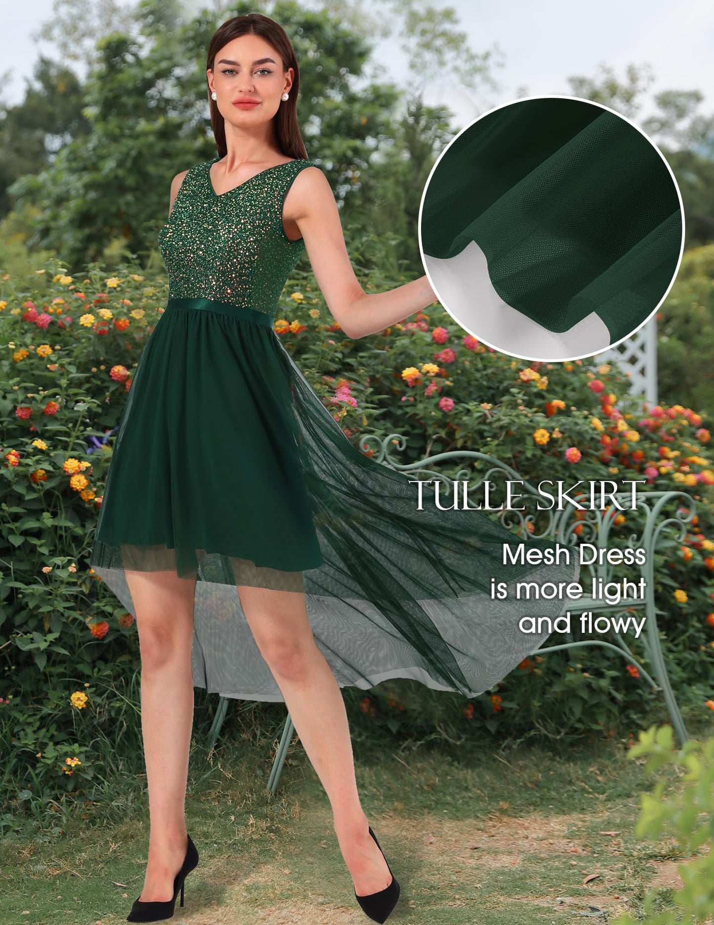 Berylove Kleid Festlich Damen Abendkleid mit Pailletten Cocktailkleid Ballkleid Lang Glitzer V Ausschnitt Ärmellos Tüllkleid