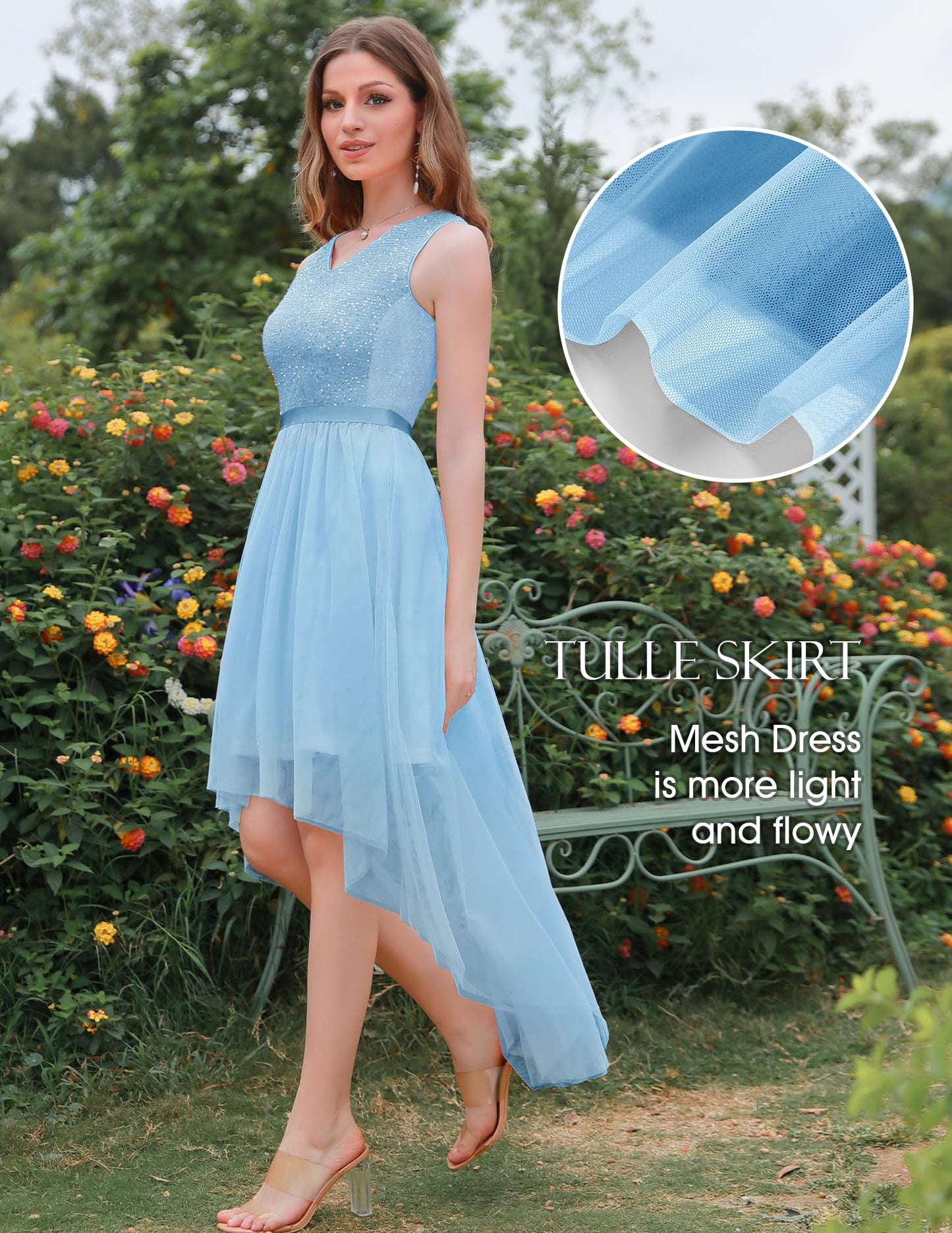 Berylove Kleid Festlich Damen Abendkleid mit Pailletten Cocktailkleid Ballkleid Lang Glitzer V Ausschnitt Ärmellos Tüllkleid