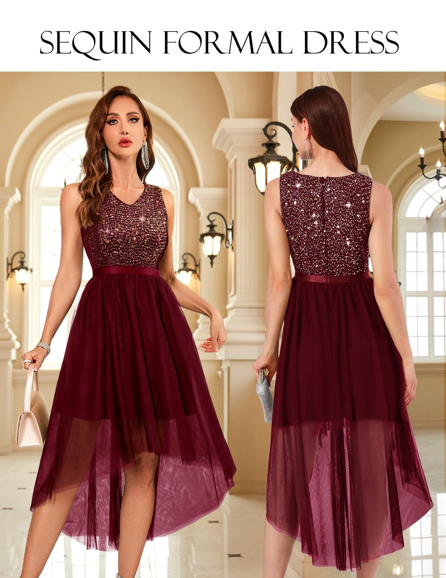 Berylove Kleid Festlich Damen Abendkleid mit Pailletten Cocktailkleid Ballkleid Lang Glitzer V Ausschnitt Ärmellos Tüllkleid