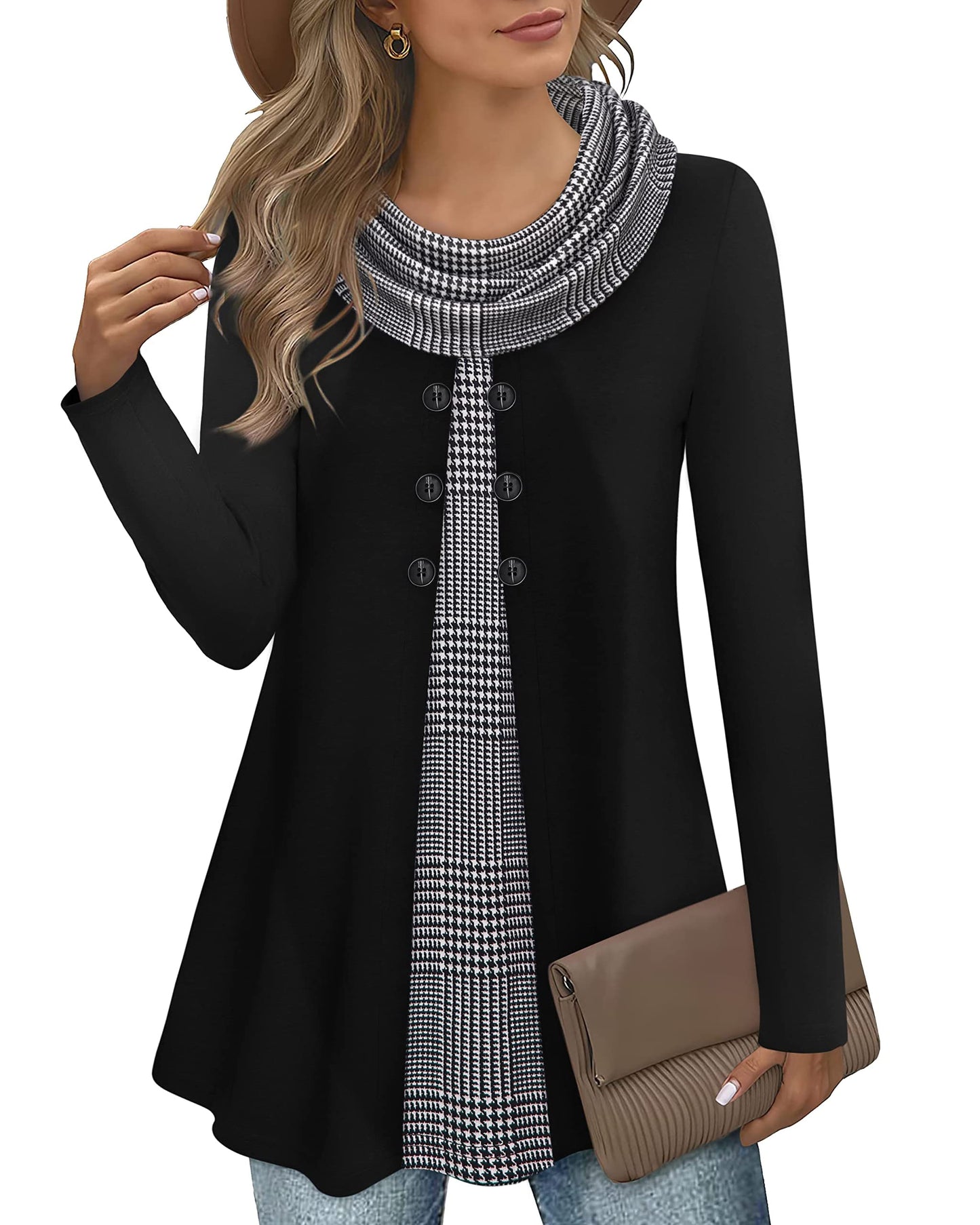 Gaharu Damen Tunika Langarm Elegant Pullover Lang Sweatshirt Schalkragen Patchwork Pulli