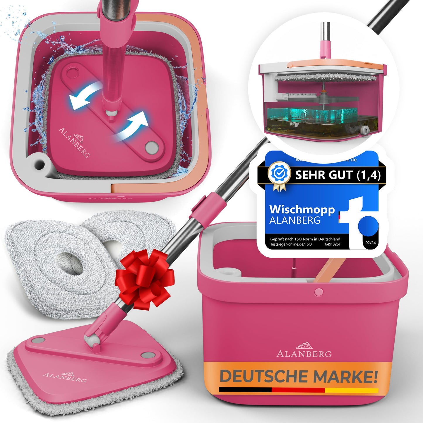 ALANBERG® Wischmopp Set mit Eimer – Zwei-Kammer-System – Trennung von Schmutz und Frischwasser – Bodenwischer für alle Bodentypen, Selbstauswringend, Mikrofaser Wischpads – Grau