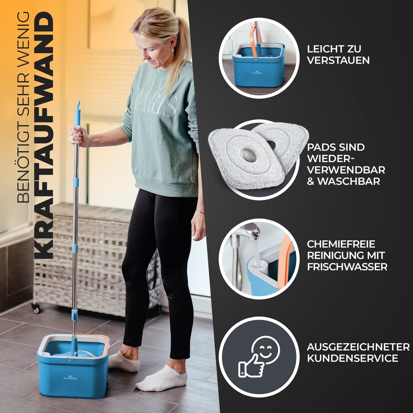 ALANBERG® Wischmopp Set mit Eimer – Zwei-Kammer-System – Trennung von Schmutz und Frischwasser – Bodenwischer für alle Bodentypen, Selbstauswringend, Mikrofaser Wischpads – Grau