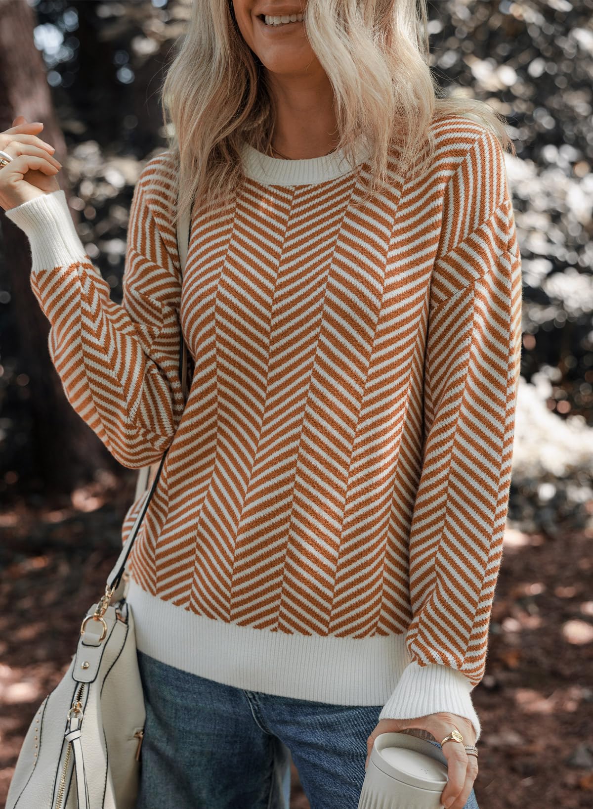 Dokotoo Damen Pullover Elegant Rundhals Gestreifter Strickpullover Warm Herbst Winterpullover Pulli Sweater S-XXL