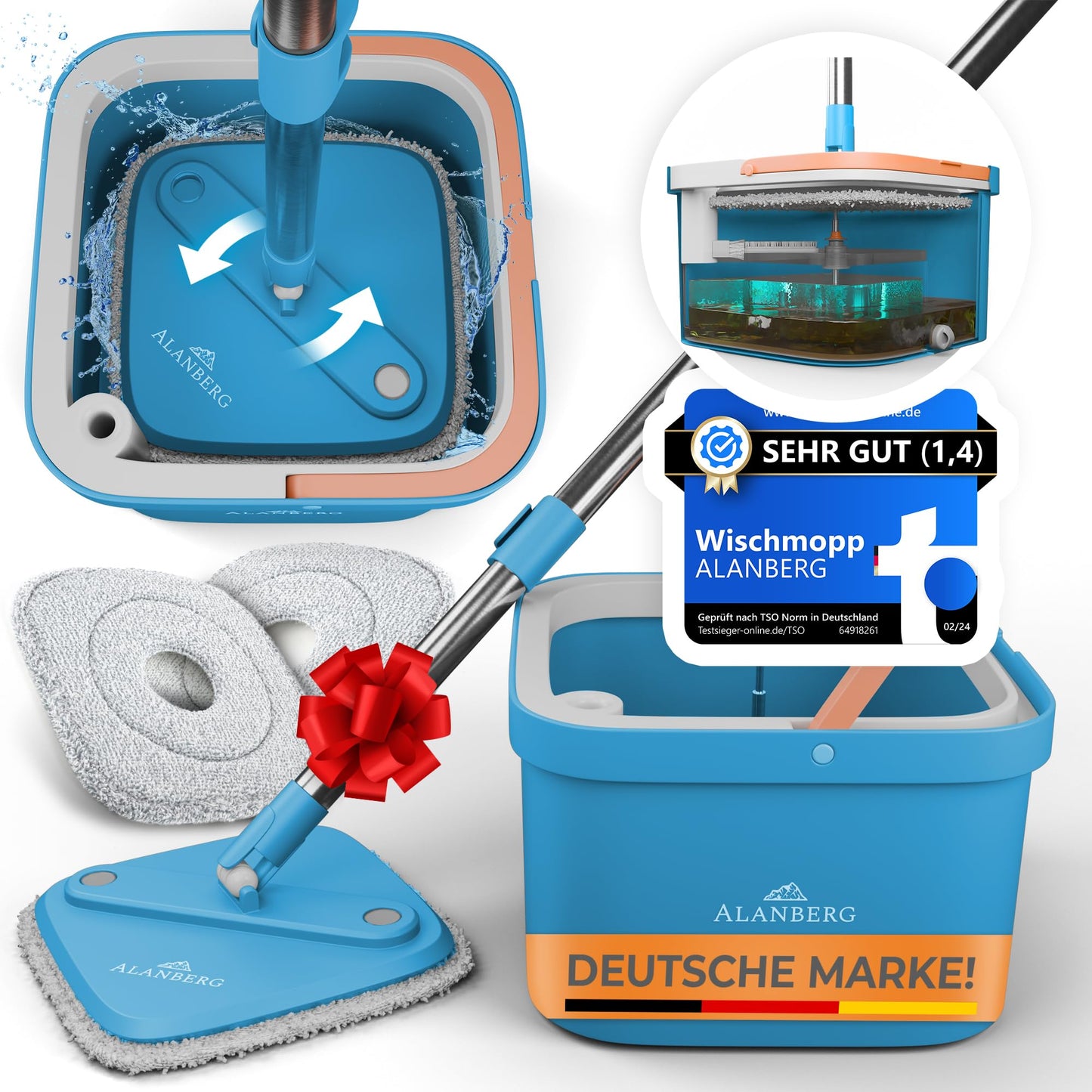 ALANBERG® Wischmopp Set mit Eimer – Zwei-Kammer-System – Trennung von Schmutz und Frischwasser – Bodenwischer für alle Bodentypen, Selbstauswringend, Mikrofaser Wischpads – Grau