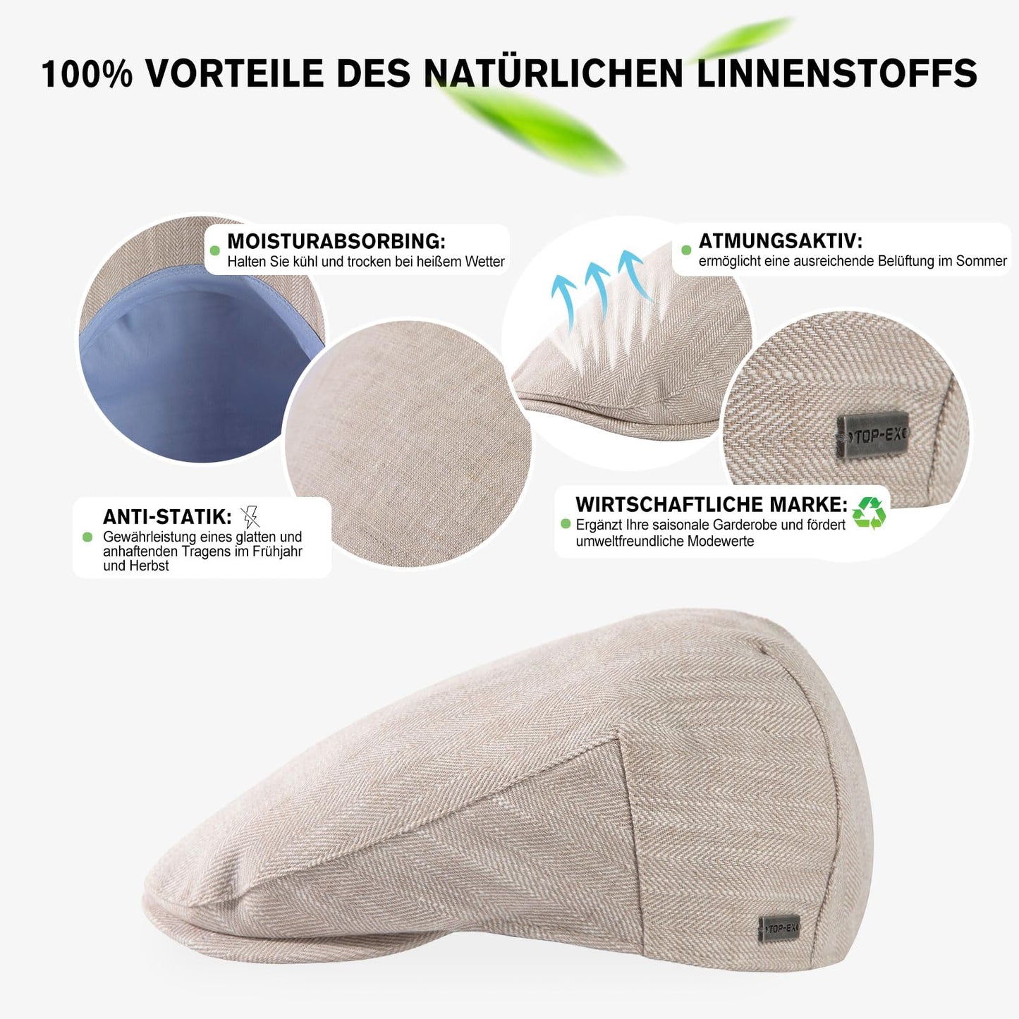 TOP-EX 100% Leinen Schiebermütze Herren Sonnenhut Sommer Schirmmuetze