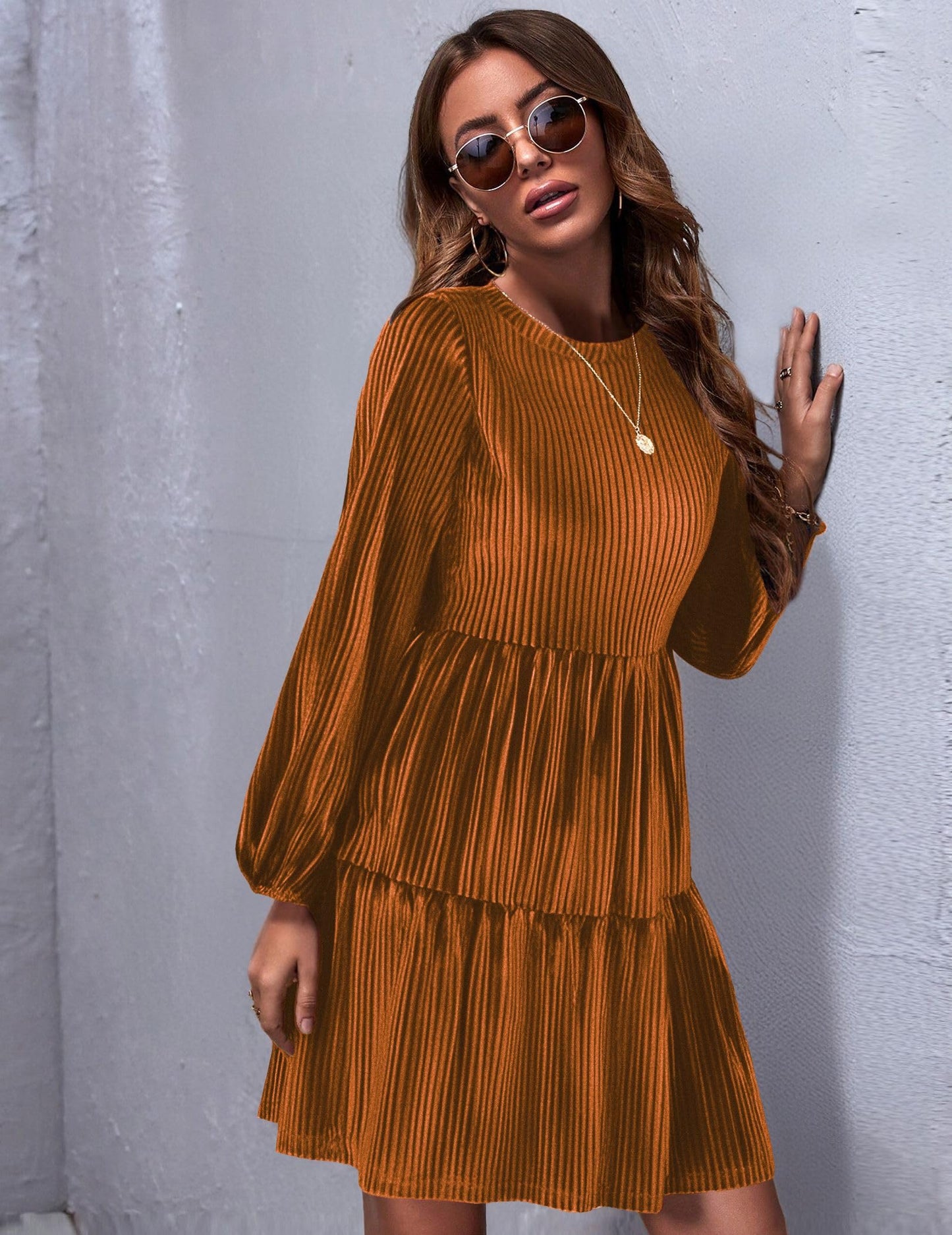 Zeagoo Damen Kleider Langarm Elegant Samtkleid Rundhals Rüschen A Linie Hohe Taille Freizeitkleider Winterkleid mit Taschen