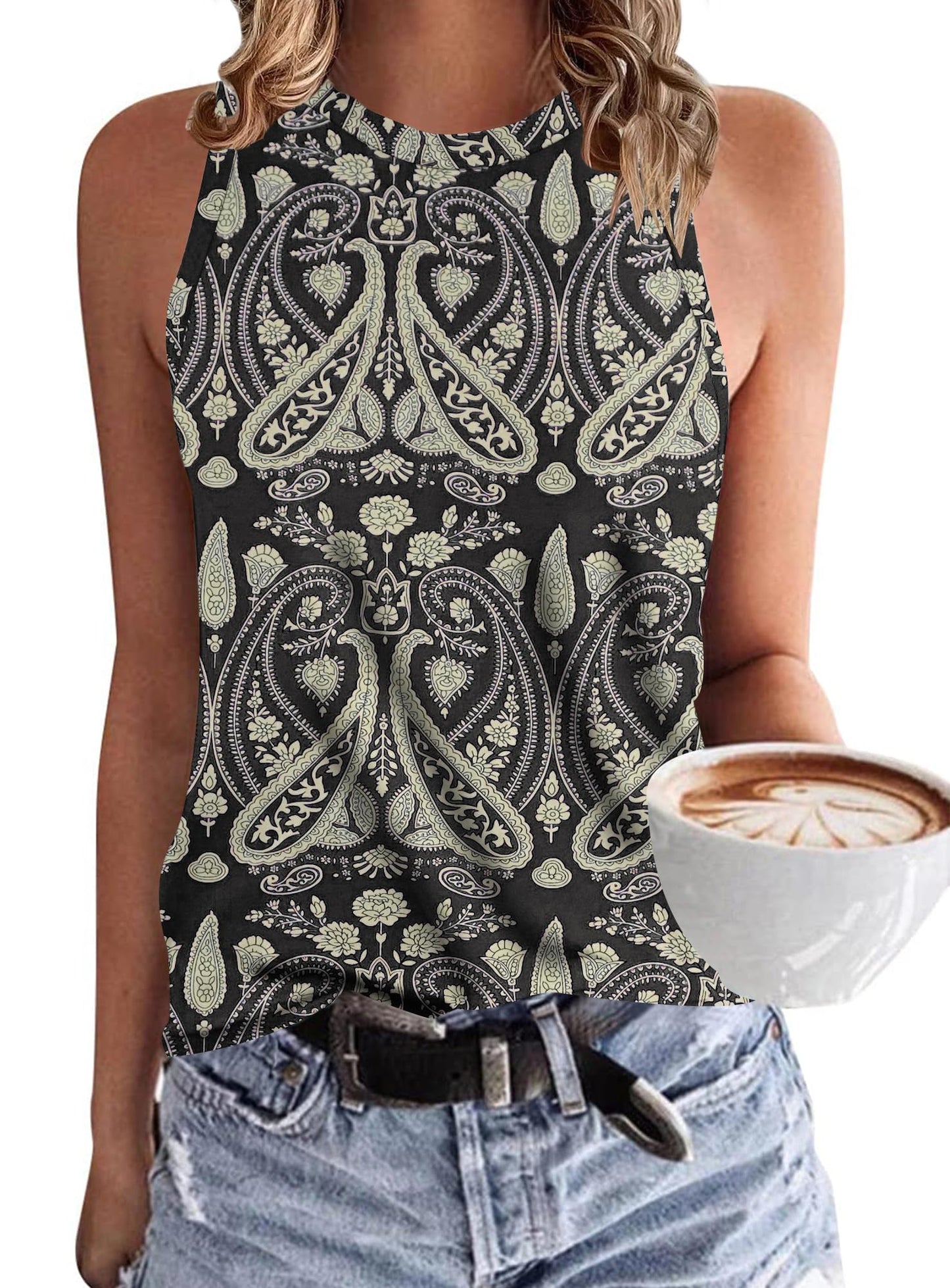 WNEEDU Damen Tank Top Ärmellos Oberteile Sommer Tanktops Rundhals Blusentop Vest Top Bluse