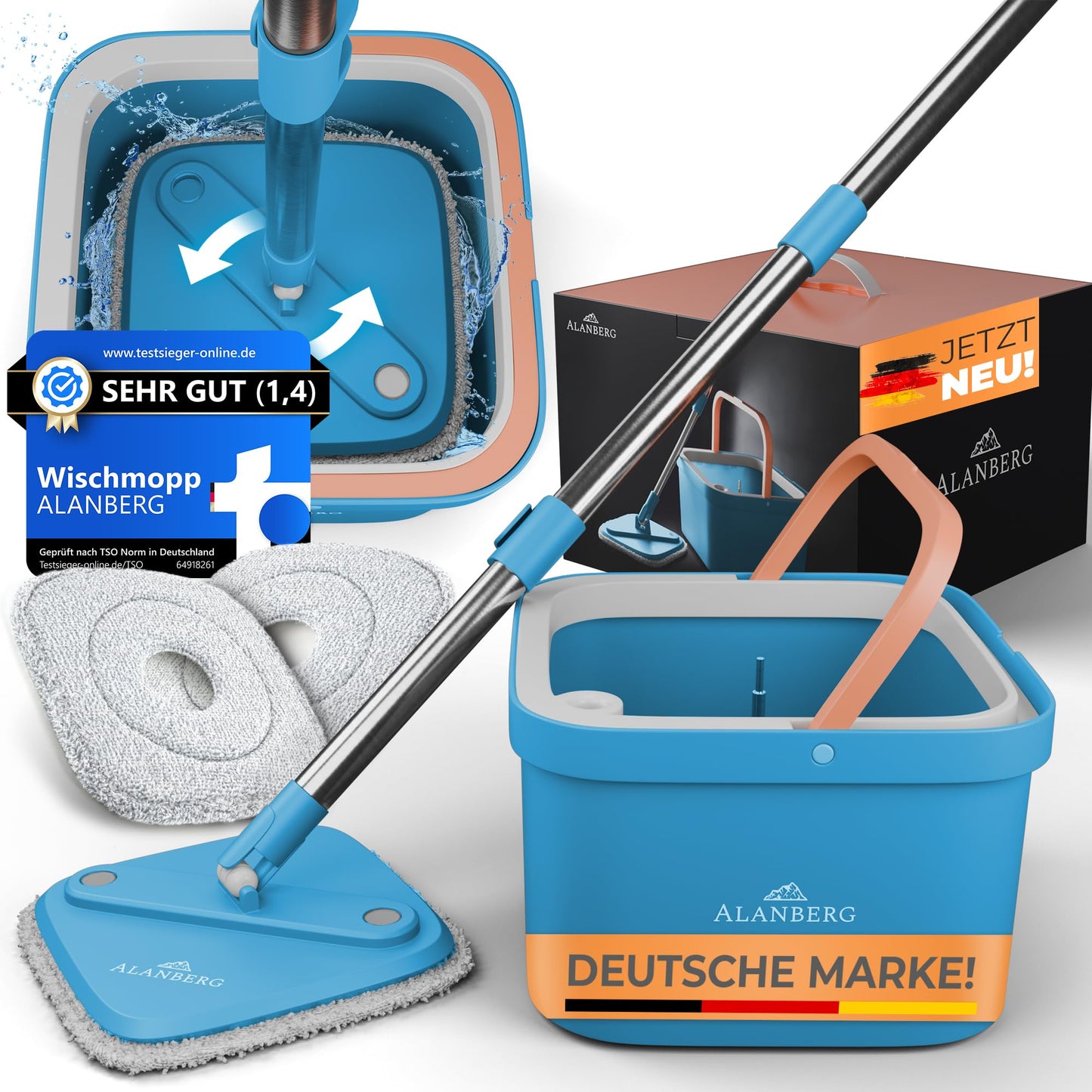 ALANBERG® Wischmopp Set mit Eimer – Zwei-Kammer-System – Trennung von Schmutz und Frischwasser – Bodenwischer für alle Bodentypen, Selbstauswringend, Mikrofaser Wischpads – Grau